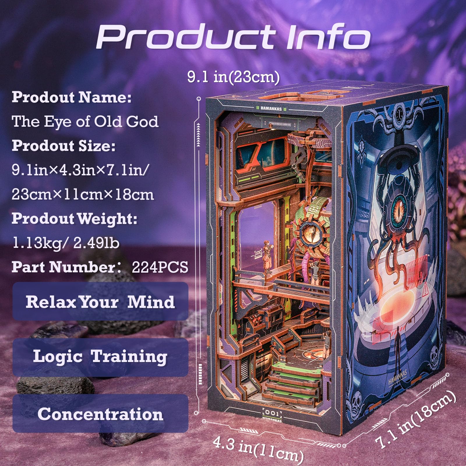 Cutefun DIY Book Nook - Kit per casa delle bambole in miniatura 3D, in legno, per libreria, con inserto per libreria, modello di costruzione, kit regalo creativo con luce (The Eye of Old God)