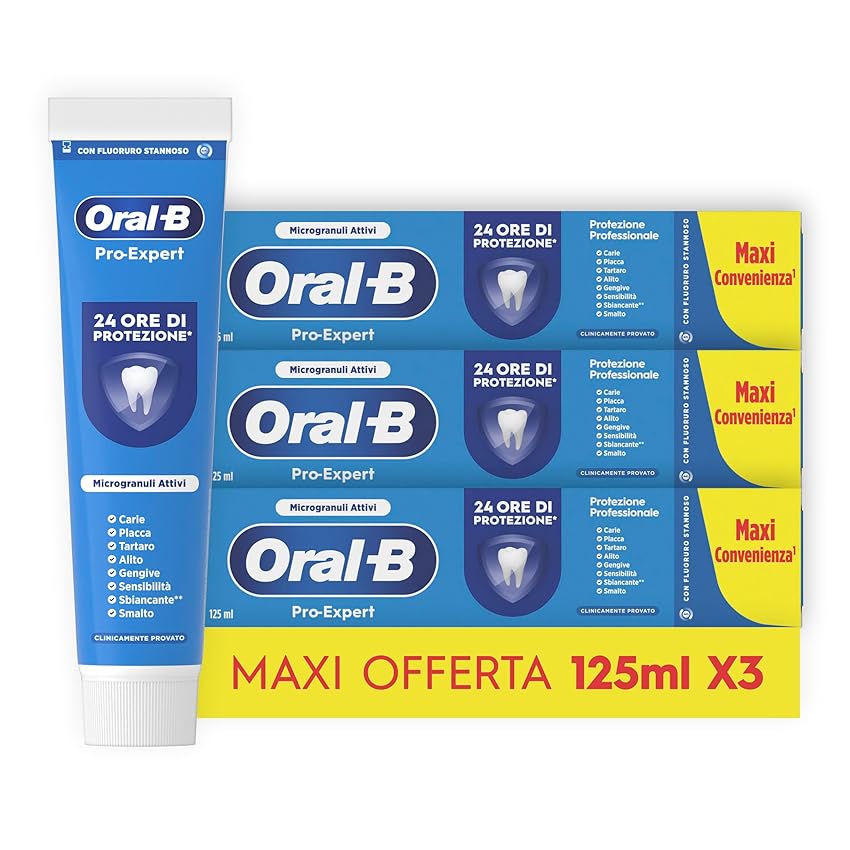 Oral-B Dentifricio Pro-Expert Protezione Professionale 3x125ml, Dentifricio Oral B Formato Convenienza, Clinicamente Provato, Pulizia Denti Efficace, Alito Fresco, Sapore Menta Dolce