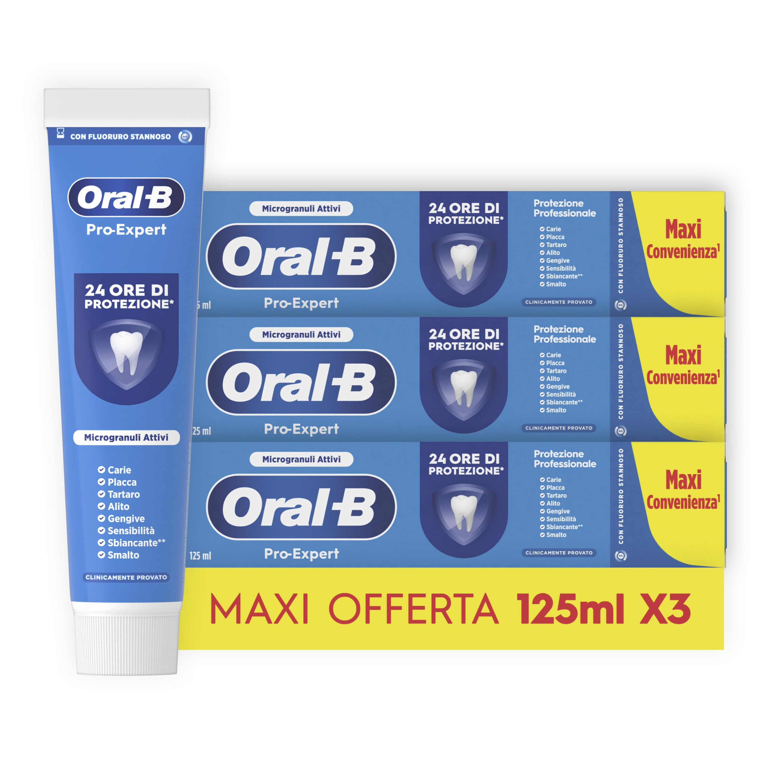 Oral-B Dentifricio Pro-Expert Protezione Professionale 3x125ml, Dentifricio Oral B Formato Convenienza, Clinicamente Provato, Pulizia Denti Efficace, Alito Fresco, Sapore Menta Dolce