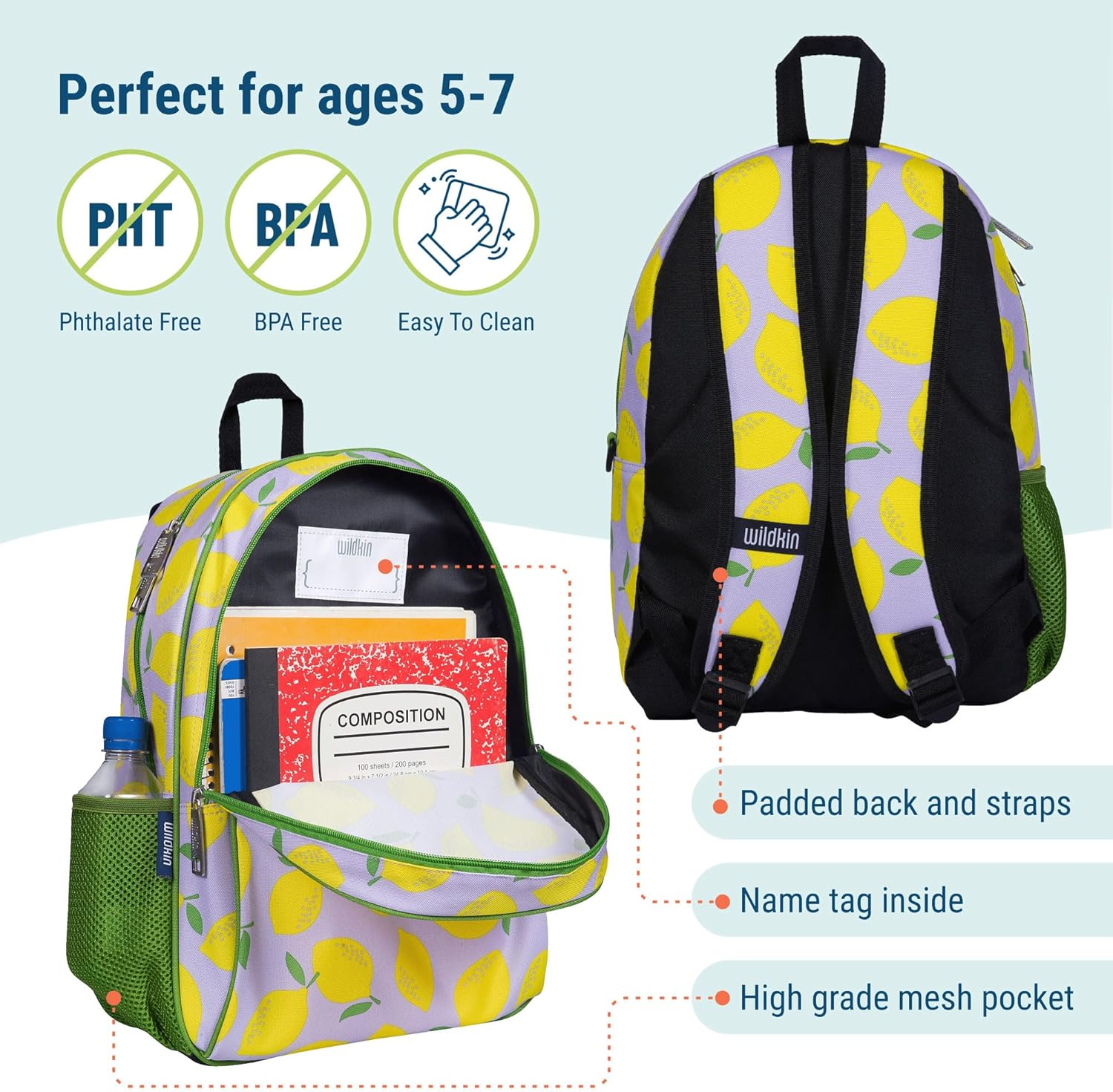 Wildkin 15-inch Kids Backpack – Durable, Padded, Adjustable for School & Travel - Lilac Lemonade - Image 3