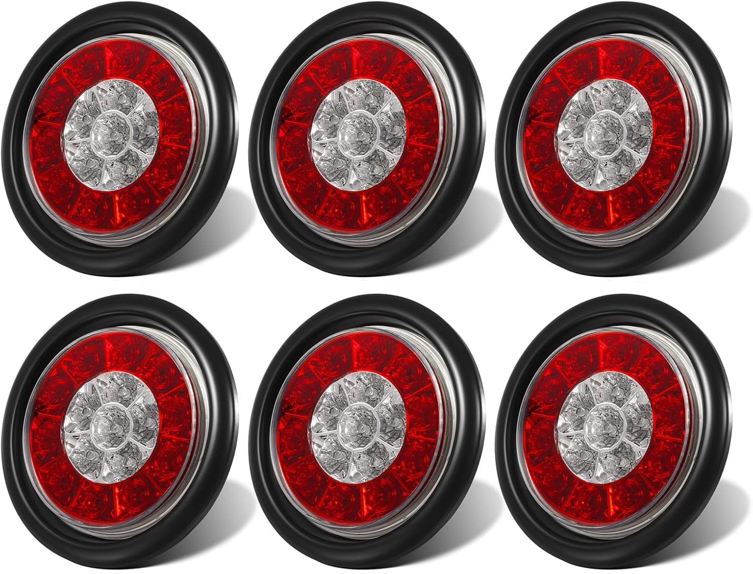 Partsam 6Pcs 4 Inch Round LED Trailer Tail Lights White/Red Grommet Mount 16 LED 12V DC Sealed Waterproof Round Stop Brake Tail Running Reverse Backup Lights Lamps for RV Trailer Trucks