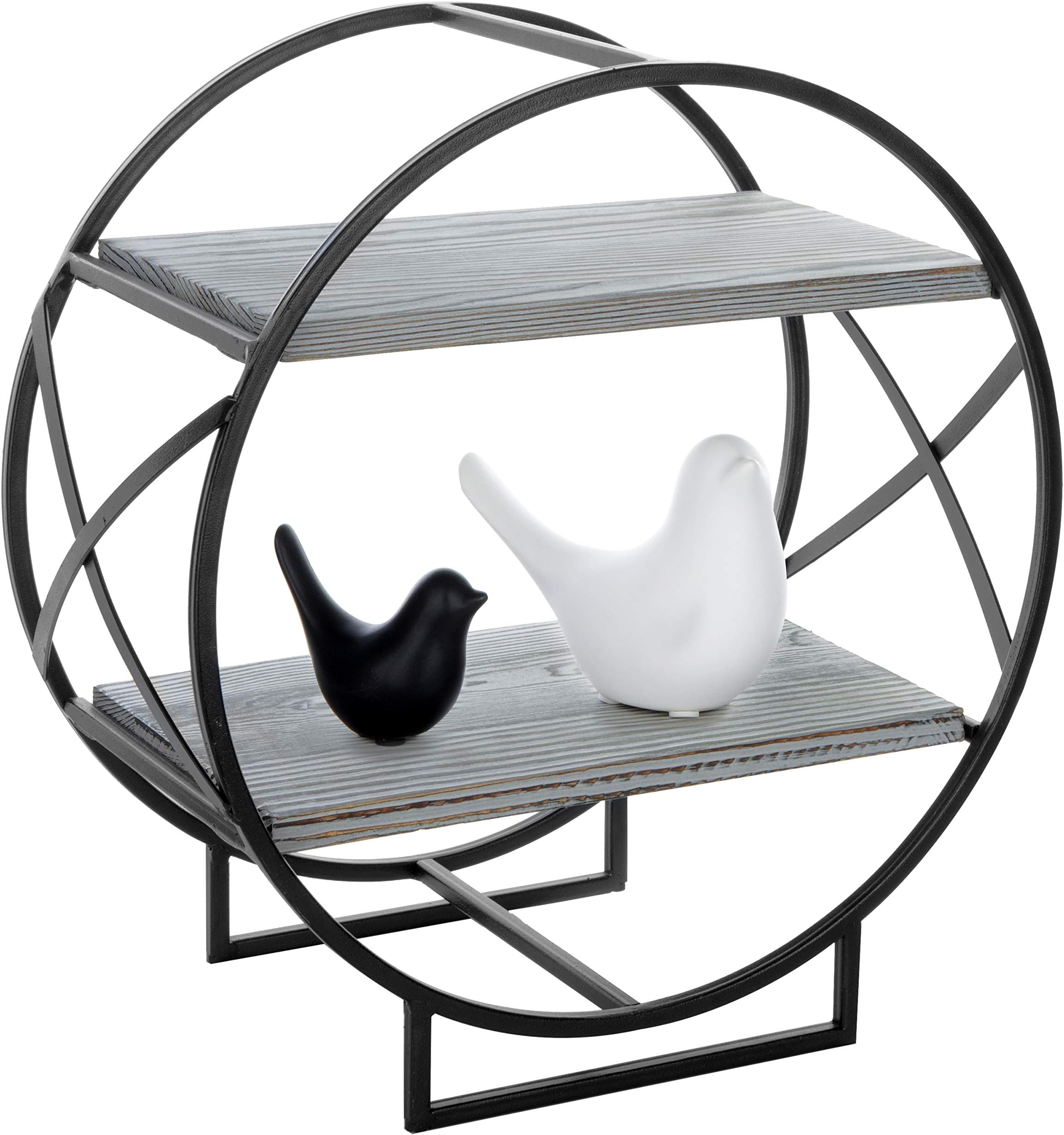 MyGift 2-Tier Rustic Torched Wood Table Top Shelves with Round Black Metal Frame