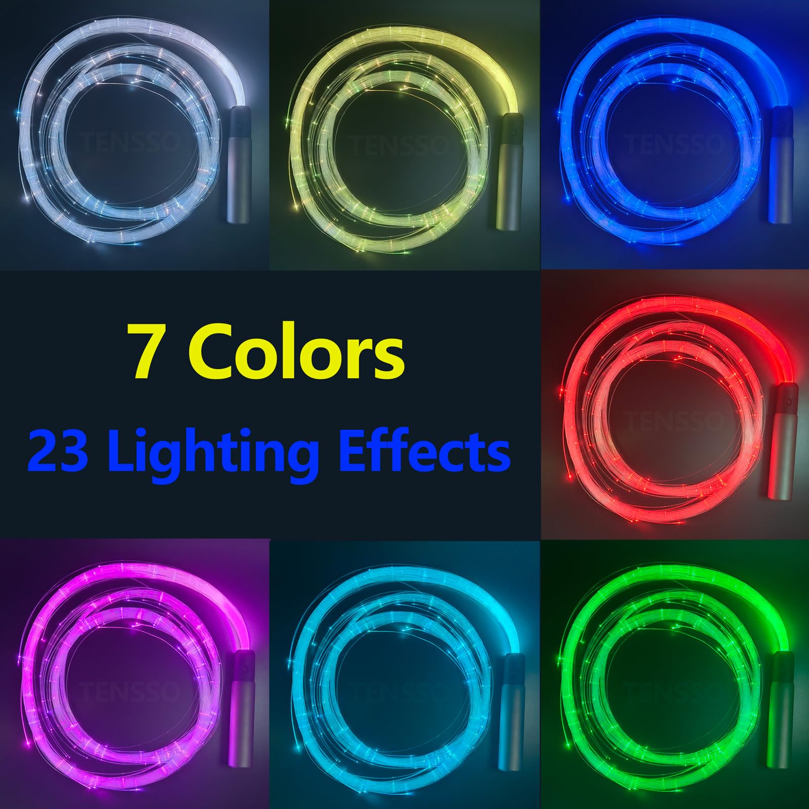 Tensso - Frusta a fibra ottica a LED, 1,8 m, ricaricabile, con 7 colori e 5 modalità di illuminazione, accessorio per danza, feste, regalo