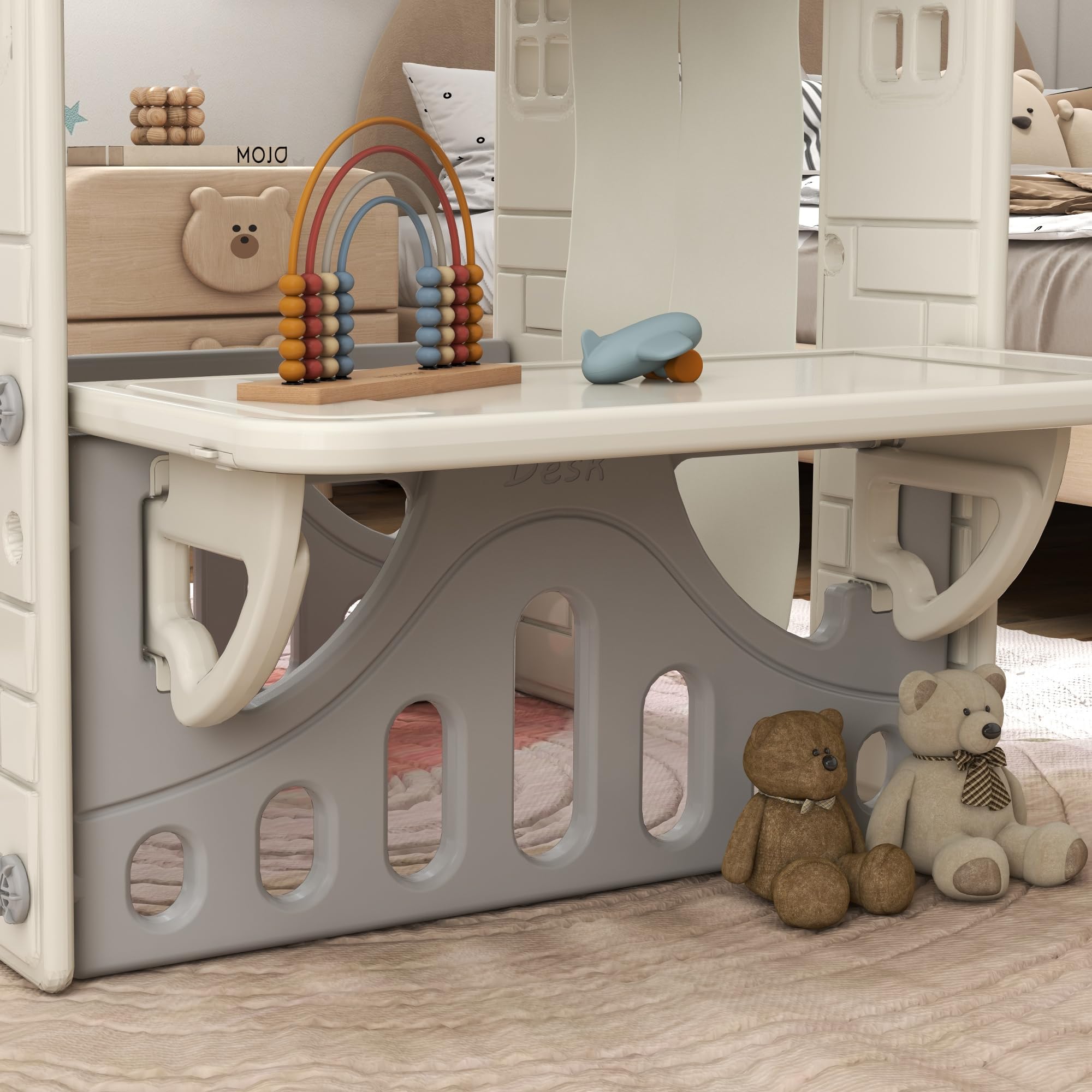 AIYAPLAY Casetta per Bambini con 4 Finestre, Porte ad Arco, Tetto e Bancone, Plastica, Crema