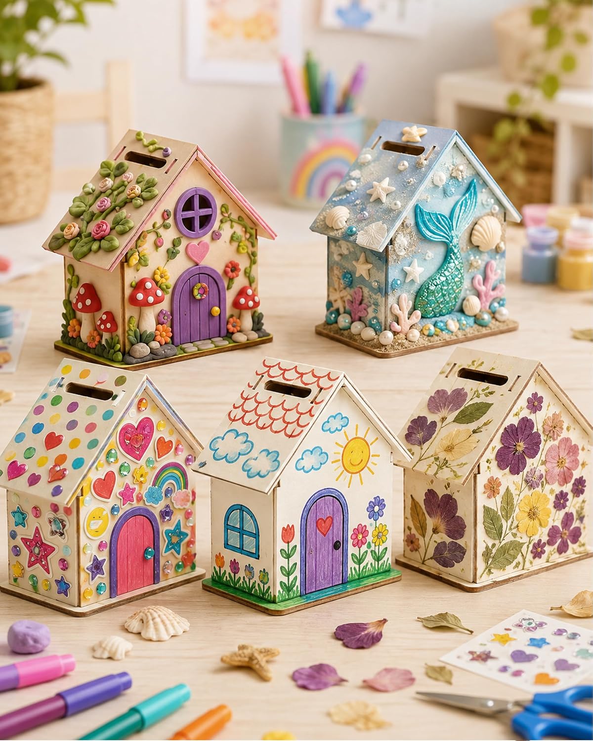 Angoily Piggy Bank, 40Pcs DIY Unfinished House Shaped Wooden Coin Bank image 2