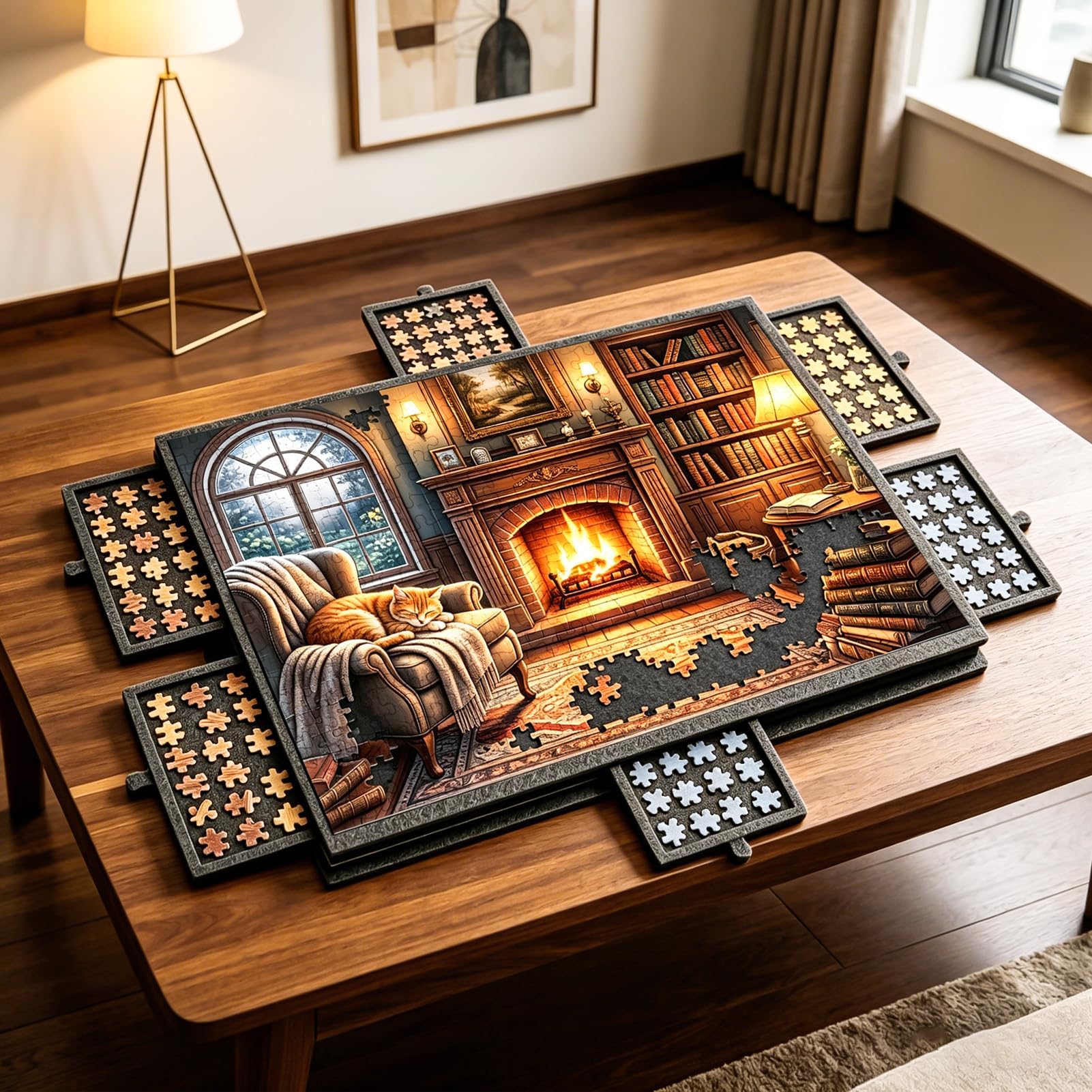 Puzzle de 77 x 53,6 cm, 2 en 1 con 6 cajones y soporte, alfombrilla de fieltro para hasta 1000 piezas, portátil, para adultos y niños, gris oscuro