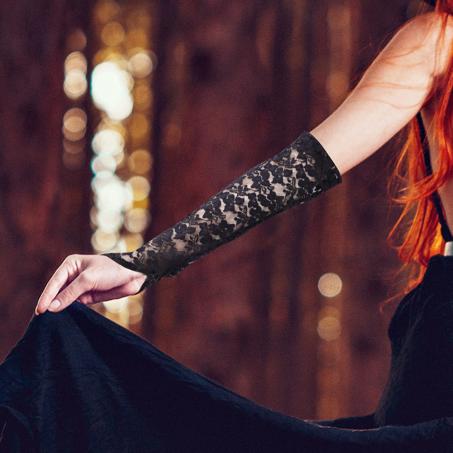 KINBOM Long Lace Gloves, Bridal Fingerless Lace Gloves for Women Tea Party 1920s Costumes Opera Party Masquerade, Elbow Length 15.7inch (Black)