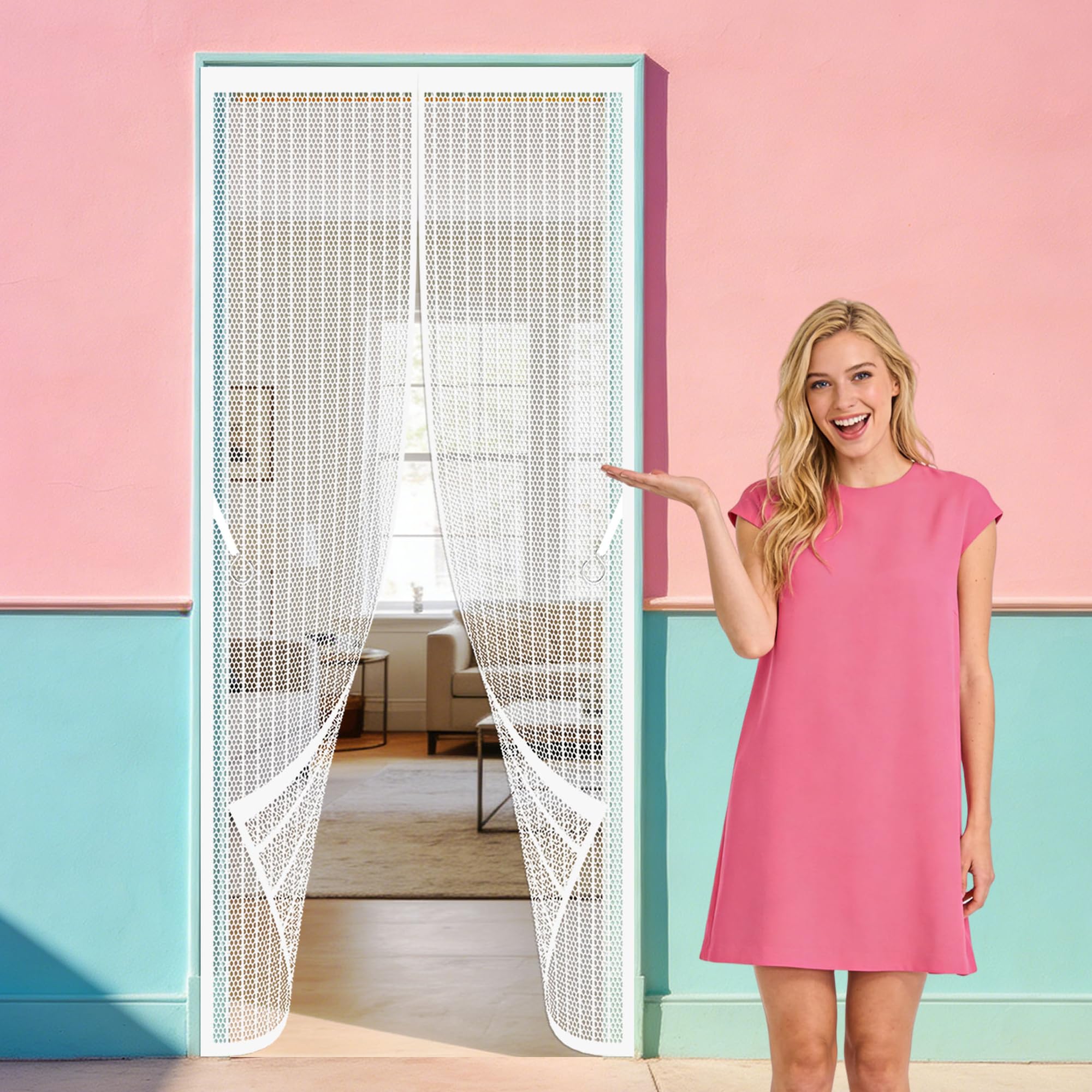 Magnetic Door Screen 104 x 299 cm Self Sealing, Hands Free Double Door Magnetic Fly Screen Keep Bugs Out Lets Fresh Air Suitable for Patio Room Balcony Bedroom, White