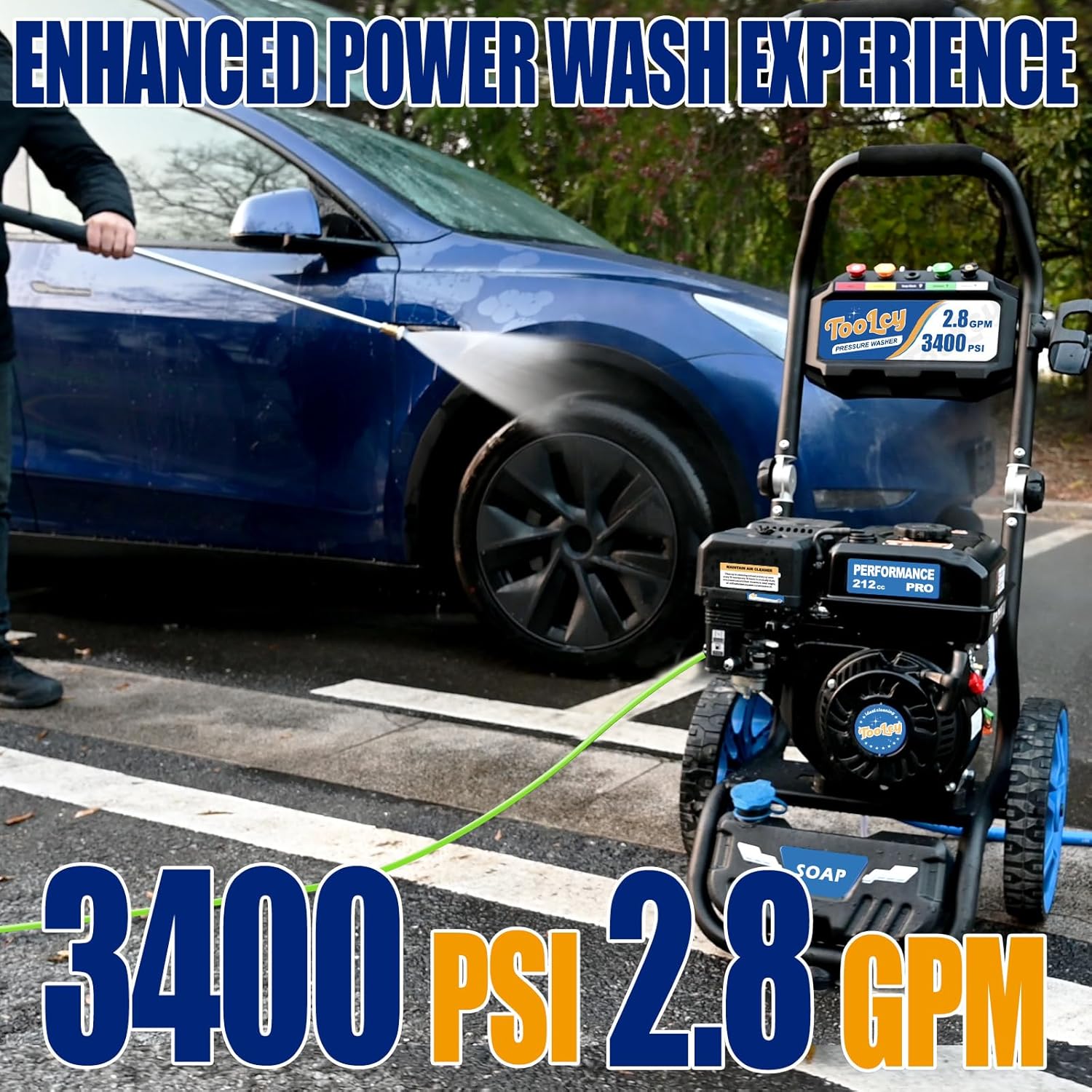 TOOLCY Foldable Gas Pressure Washer 3400 PSI & 2.8 GPM, High-Performance 212cc Engine, Reinforced Pump, 35FT Extended Power Hose, Kink-Less Swivel Gun with & 5 Nozzles, for Driveways/Patios