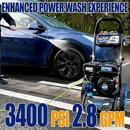 Miniatura 3 de TOOLCY Lavadora a Presión de Gas 3400 PSI y 2.8 GPM Máximo, Motor de Alta Potencia de 212cc, Bomba Mejorada, Manguera de Presión de 50 Pies, Tanque
