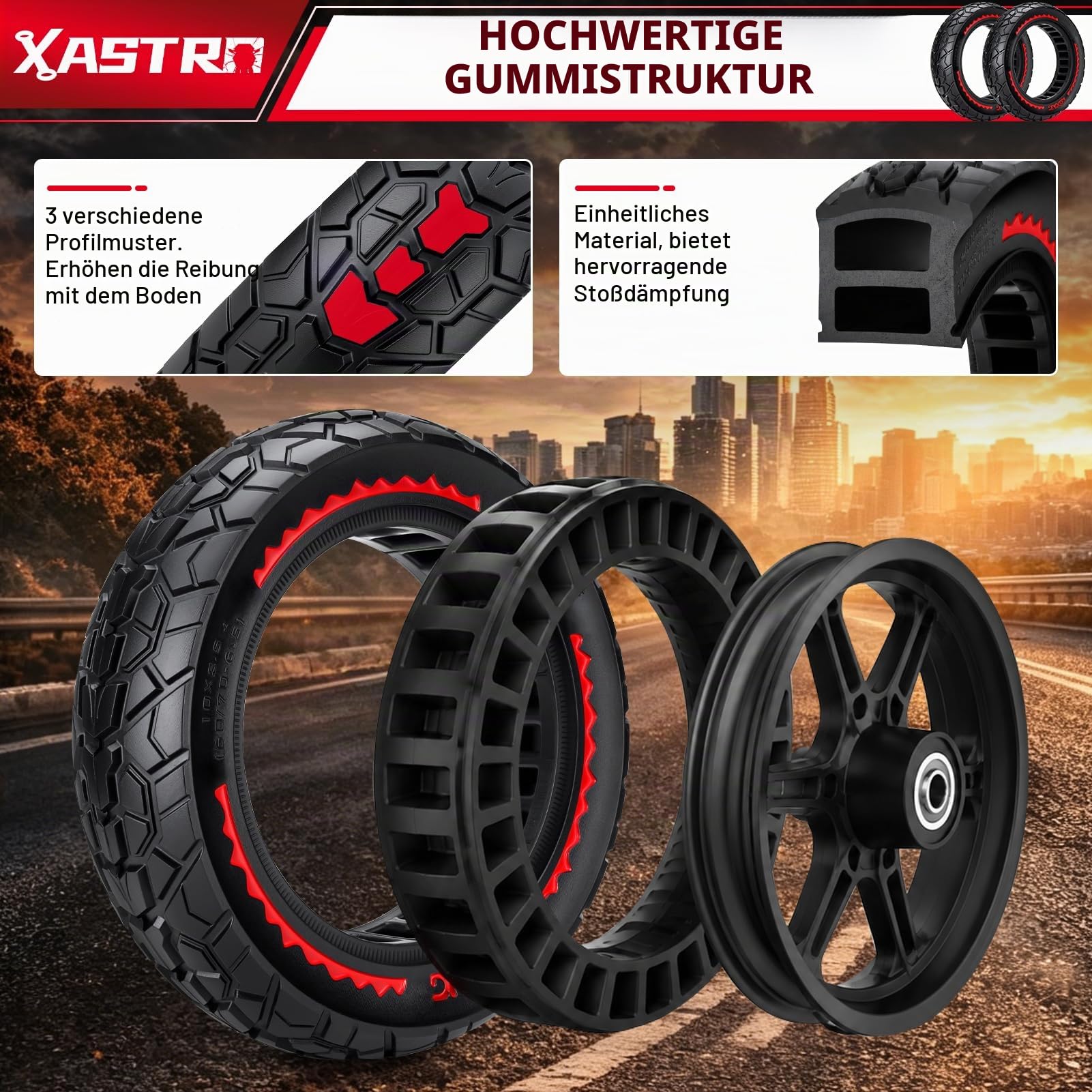 Xastro 2 PCS 10x2,50 E-Scooter Reifen 60/70-6.5 10x2.50 Vollgummi Geländereifen 10x2,5-6,5 Pannensichere Vollgummireifen Reifen Tubeless für G30/G30D/G30E/G30LP/G30D 2 und 5/5 Pro/5 Max (Rot)