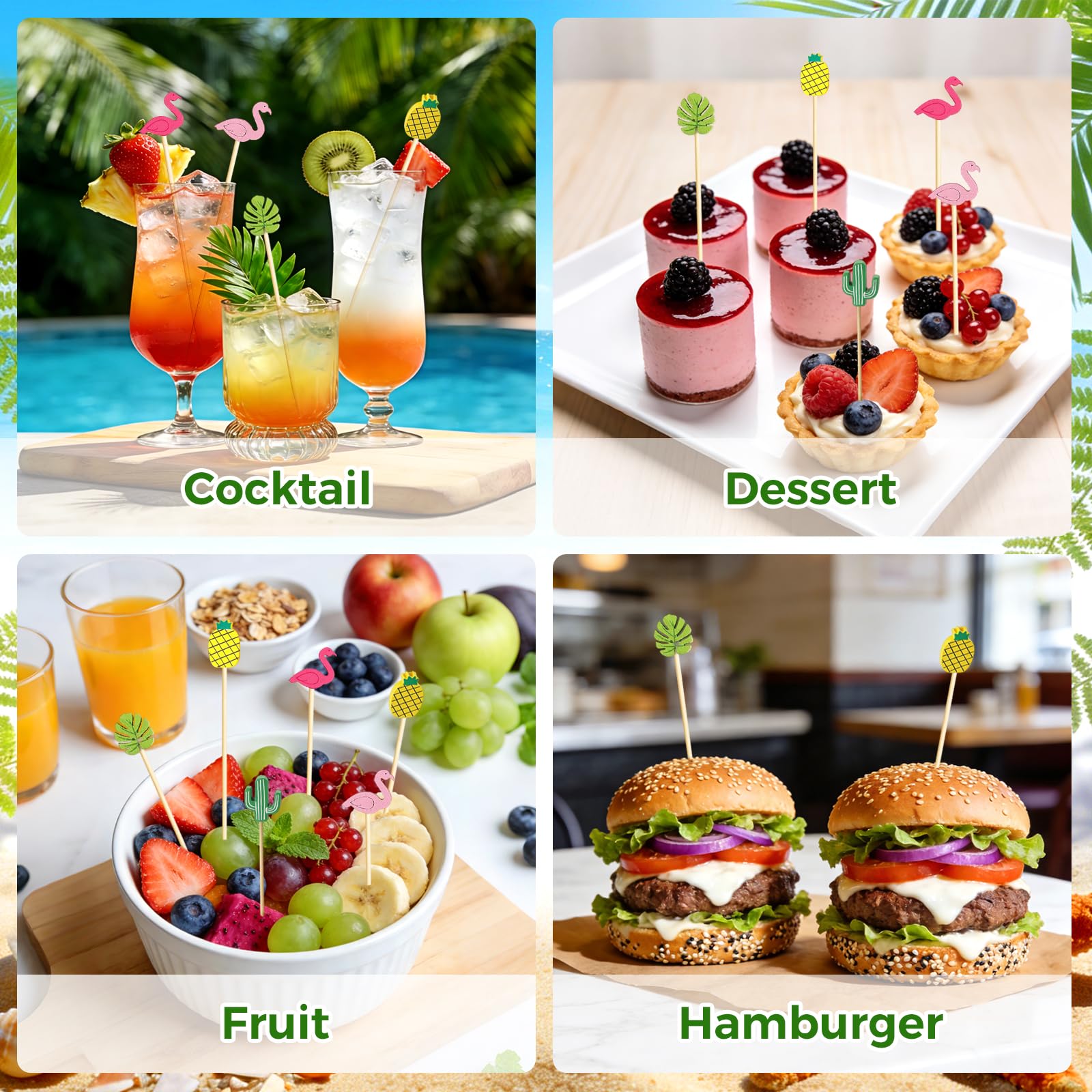 100 Palillos para Aperitivos Verano, Pinchos para Aperitivos Hawai, Palillos de Cóctel de Madera, Decoraciones Cócteles Graciosos, Decoración de Fiestas para Fruta, Postres, Tartas (Farbe-A)