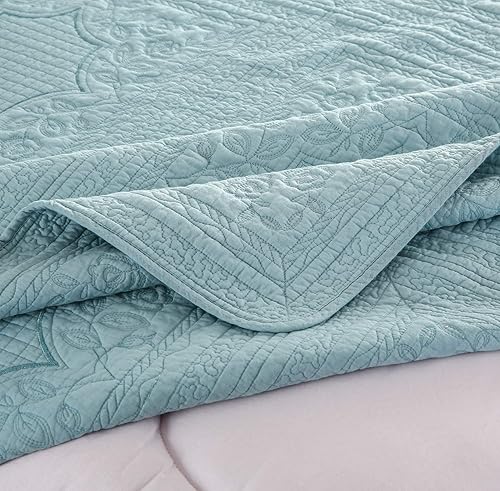 Miniatura 4 de Brandream Juego de ropa de cama de lujo de granja 100% algodón, tamaño Queen, King, vintage, elegante, juego de colcha acolchada azul aguamarina (98