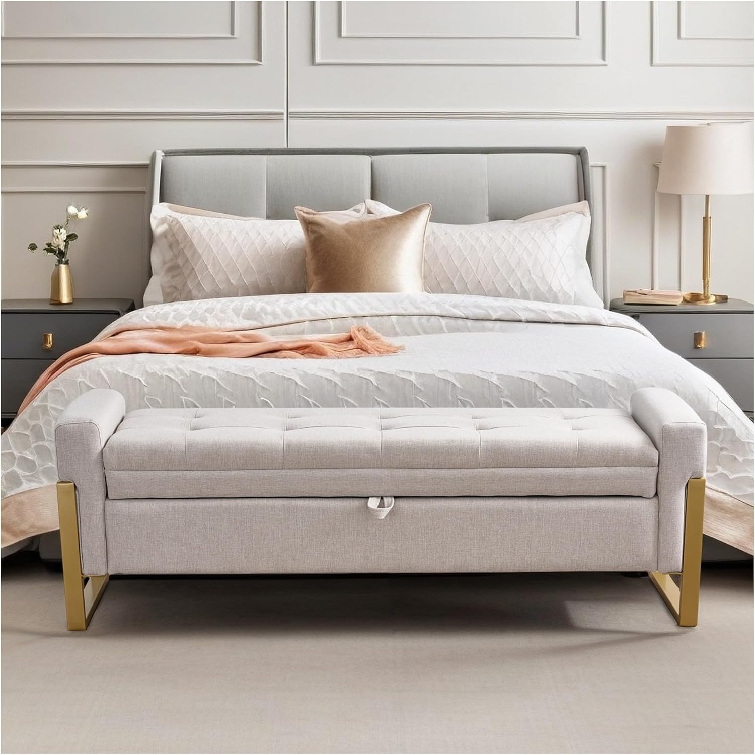 56.8" Storage Ottoman Bench,Upholstered Linen End of Bed Bench Entryway Storage Bench for Living Room, Beige