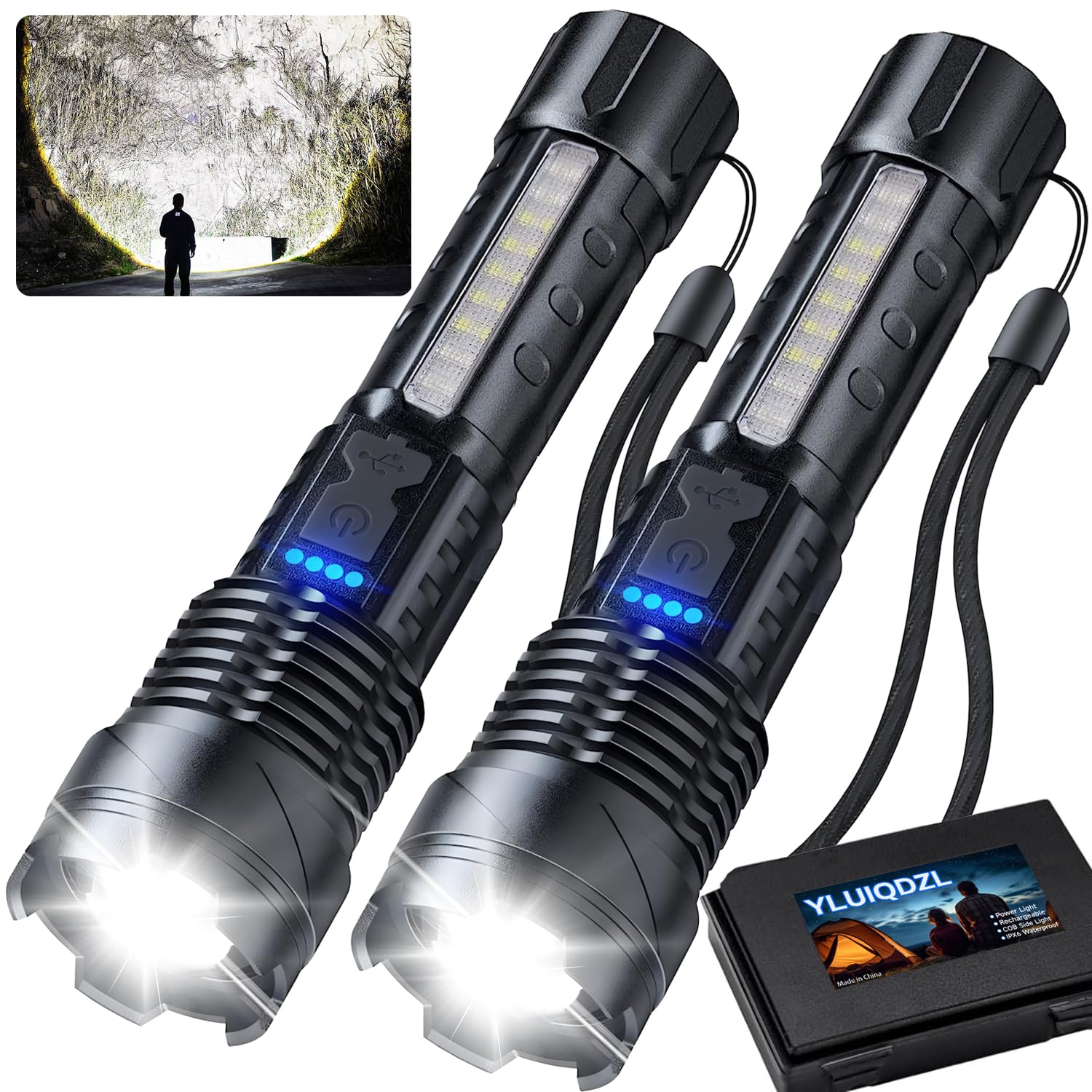 YLUIQDZL 2 Pack Rechargeable LED Flashlight,90000 High Lumens Tactical Flashlights with 7 Modes,Waterproof Zoomable Handheld Flash Light with COB Work Light for Camping,Emergencies,Home : Tools & Home Improvement