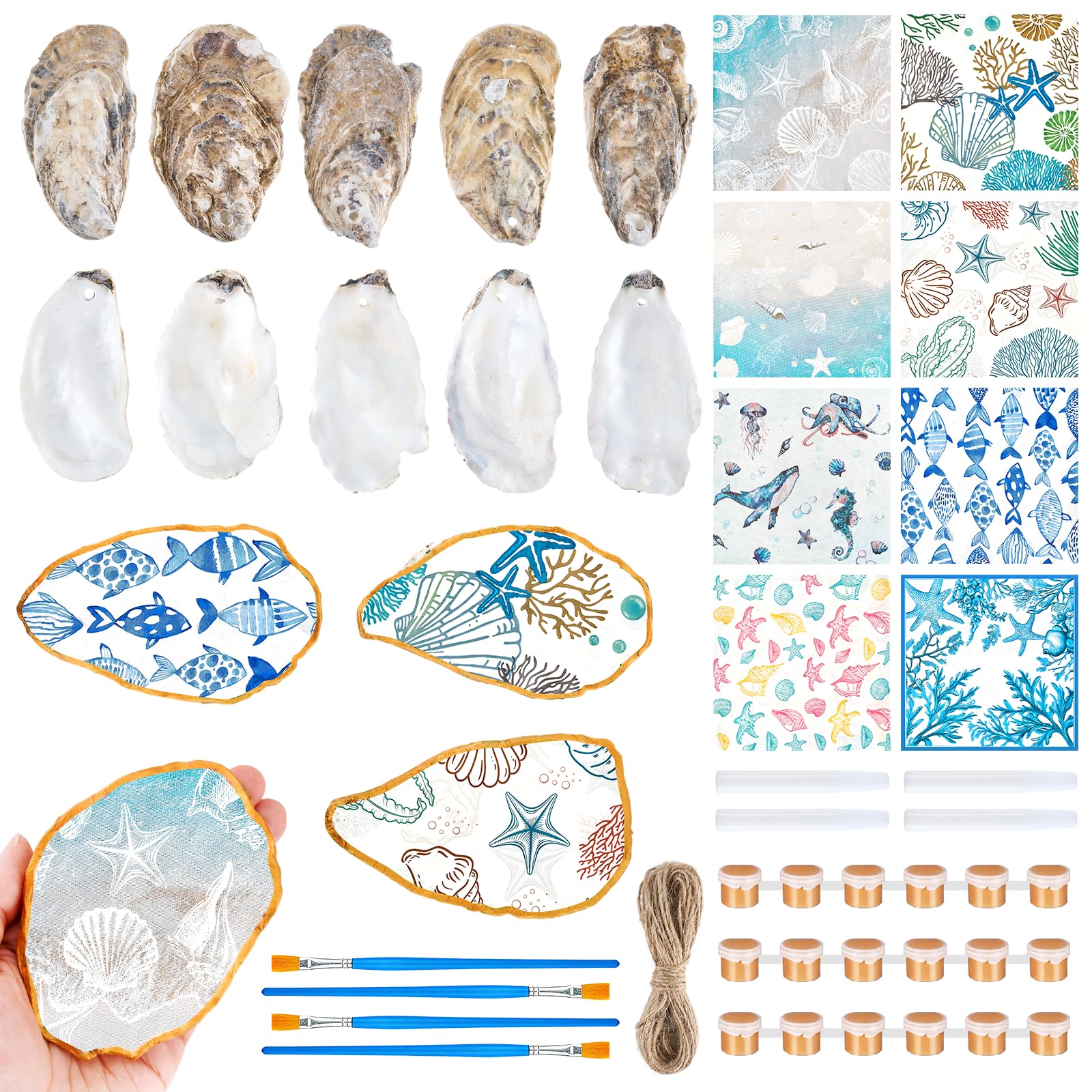 APUDWN 16 Set DIY Natural Oyster Shell Decoupage Crafts Kit, Ocean Themed Oyster Shells for Crafts 4-5" Large Drilled Shells with Napkins Paints Brushes for Wedding Art Hanging Ornament Making Gifts