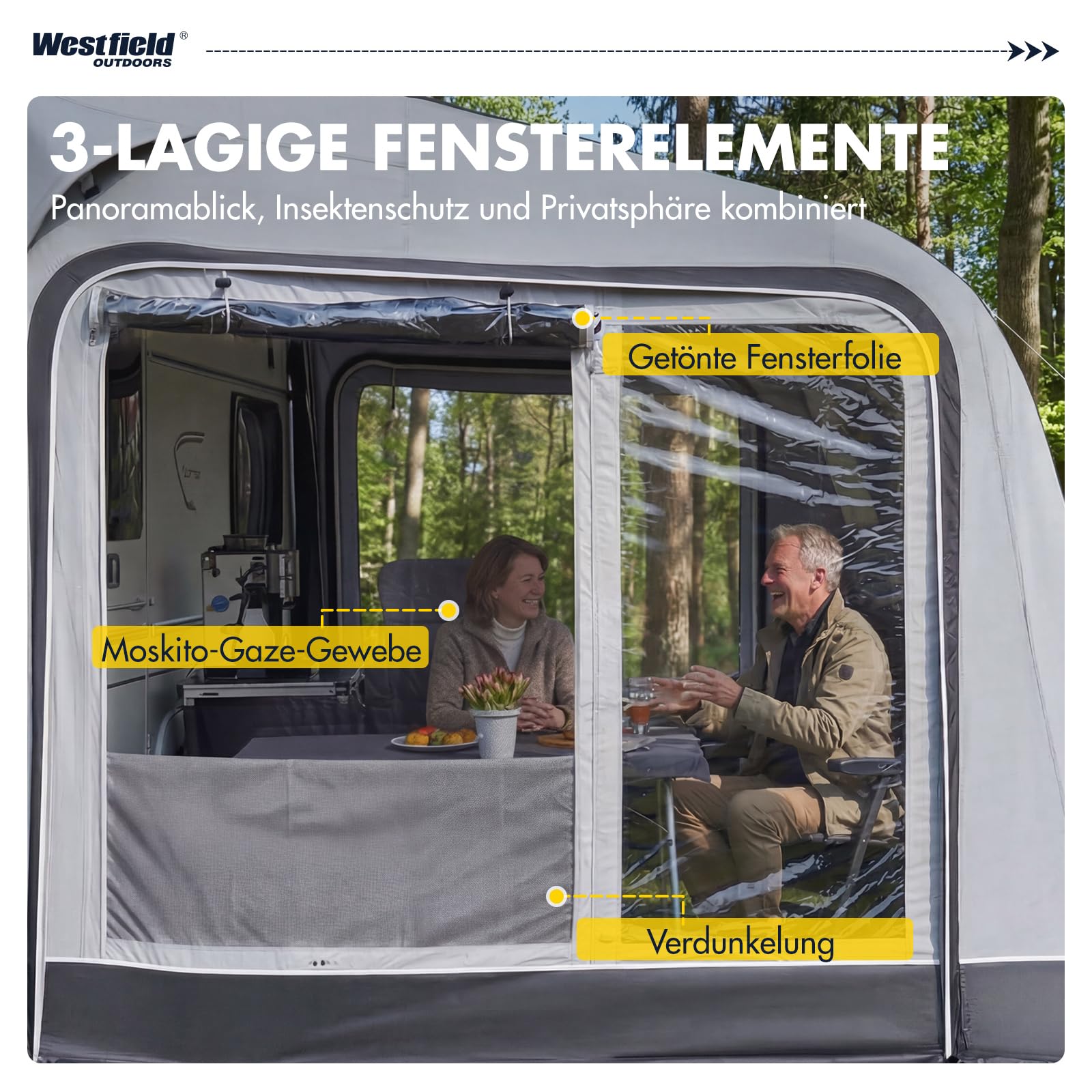 Westfield Outdoors Ceres 7, Aufblasbares Vorzelt für Wohnwagen, Höhe 235–260cm, B510 x T250 cm, 3000mm Wassersäule, UV- & windstabil, Abnehmbare Wände, EIN-Punkt-Aufblassystem, inkl. Luftpumpe