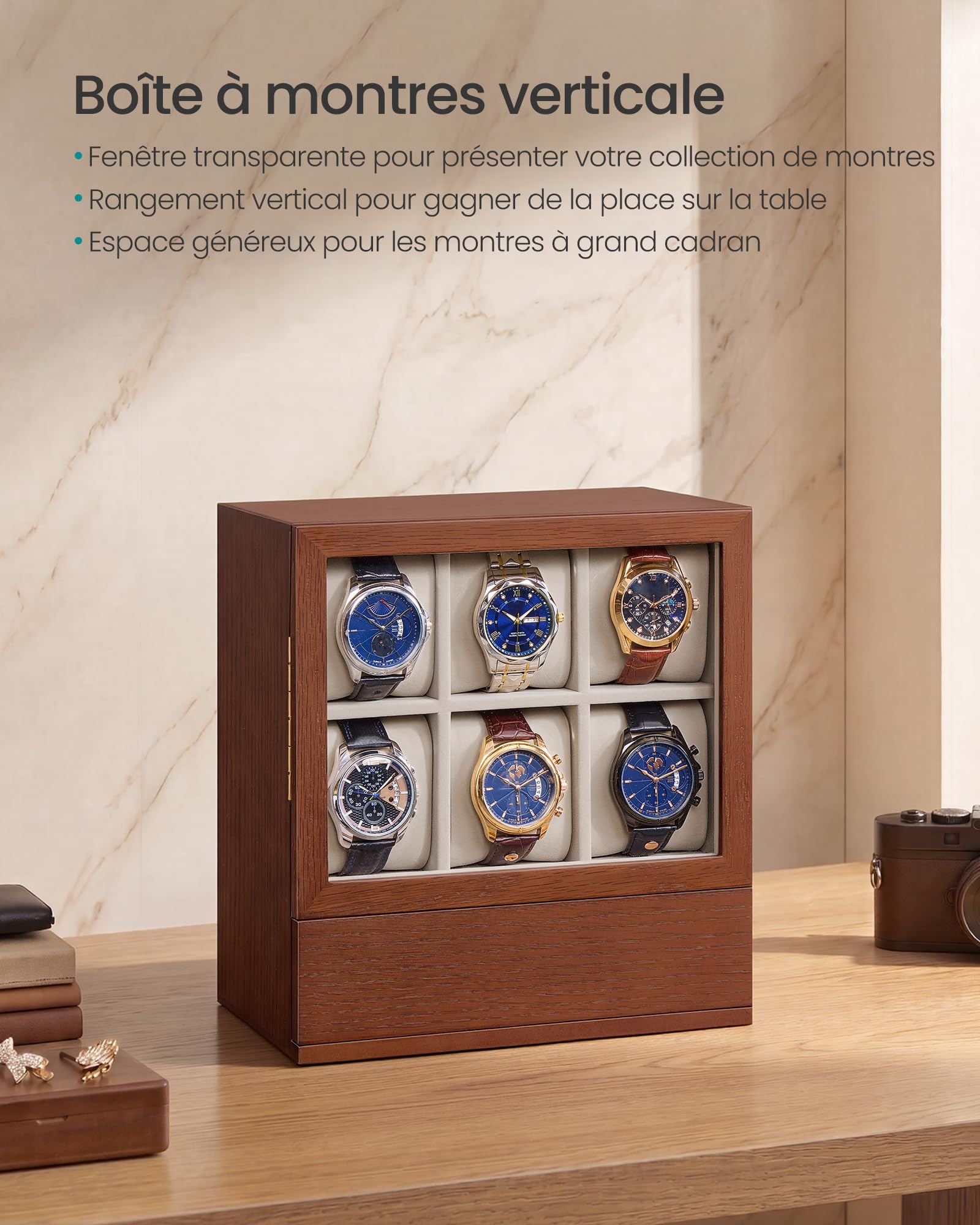 SONGMICS Boîte à Montre en Bois, Vertical, pour 6 Montres, avec Tiroirs
