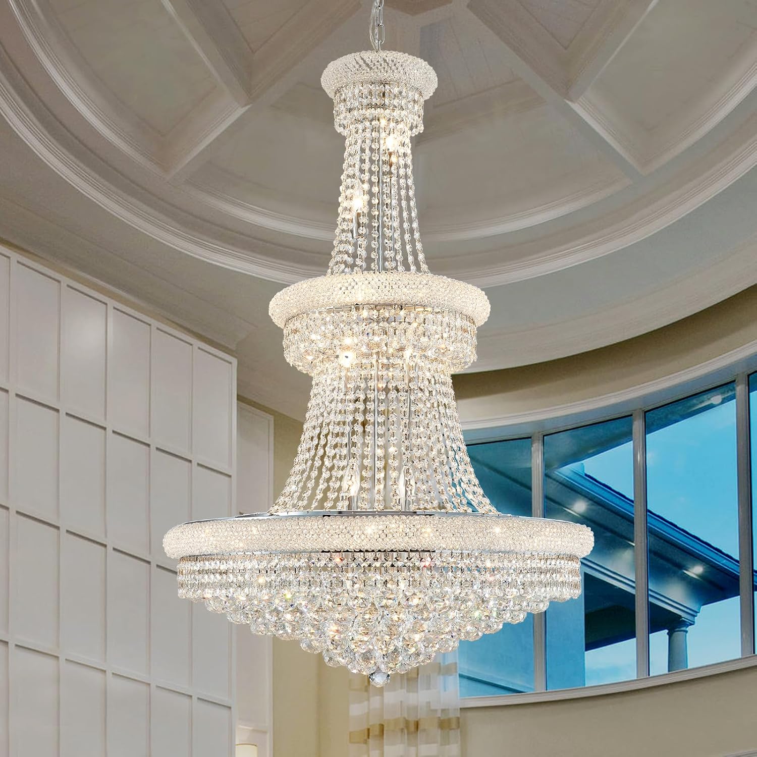 Large Crystal Chandelier Light fixtures - 19-Light High Ceiling Hanging Chandeliers, 3-Layers Luxury Empire Chandeliers for High Ceilings,Entryway,Living Room,Staircase, Foyer (D31.5) Chrome Diameter 31.5"