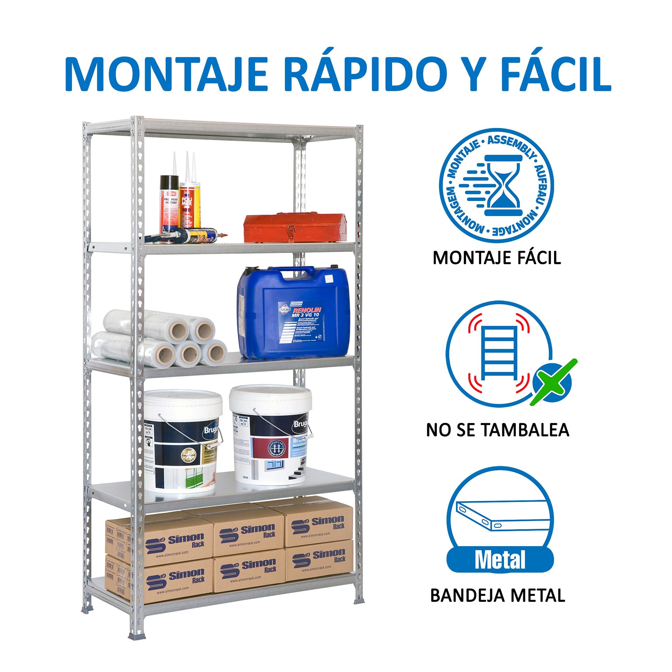Simon Rack Estantería Metálica 2000x1200x400 mm - Simonclick | 5 Alturas, Bandeja Metal, 200 kg de Punto Flexión, Gris, Pintura anticorrosión, Montaje sistema clic