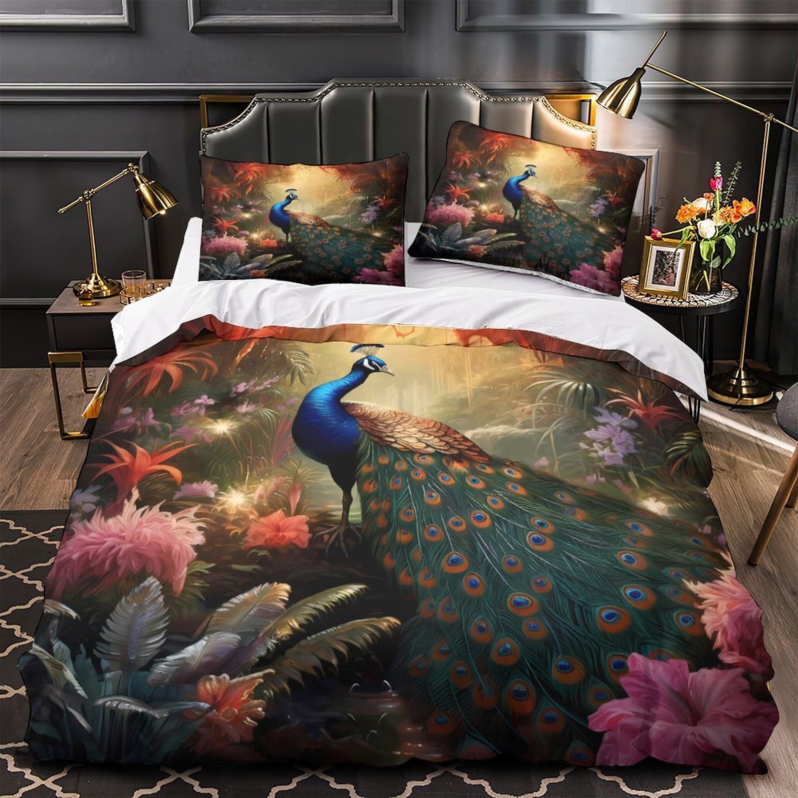 Housse de couette paon 140x200 cm avec 2 taies d'oreiller pour lit simple