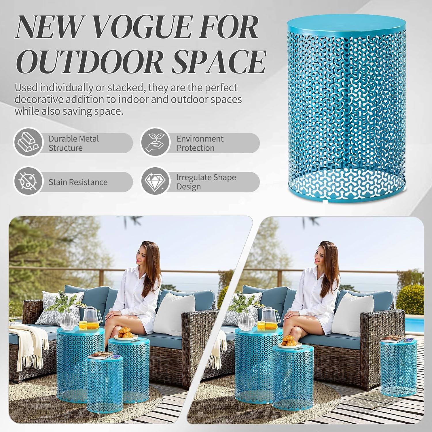 Outvita Outdoor Nesting Tables Set of 3, Heavy Duty Metal Frame Accent Modern End Table, Portable Side Table for Indoor, Outdoor, Living Room, Clover Pattern - Blue