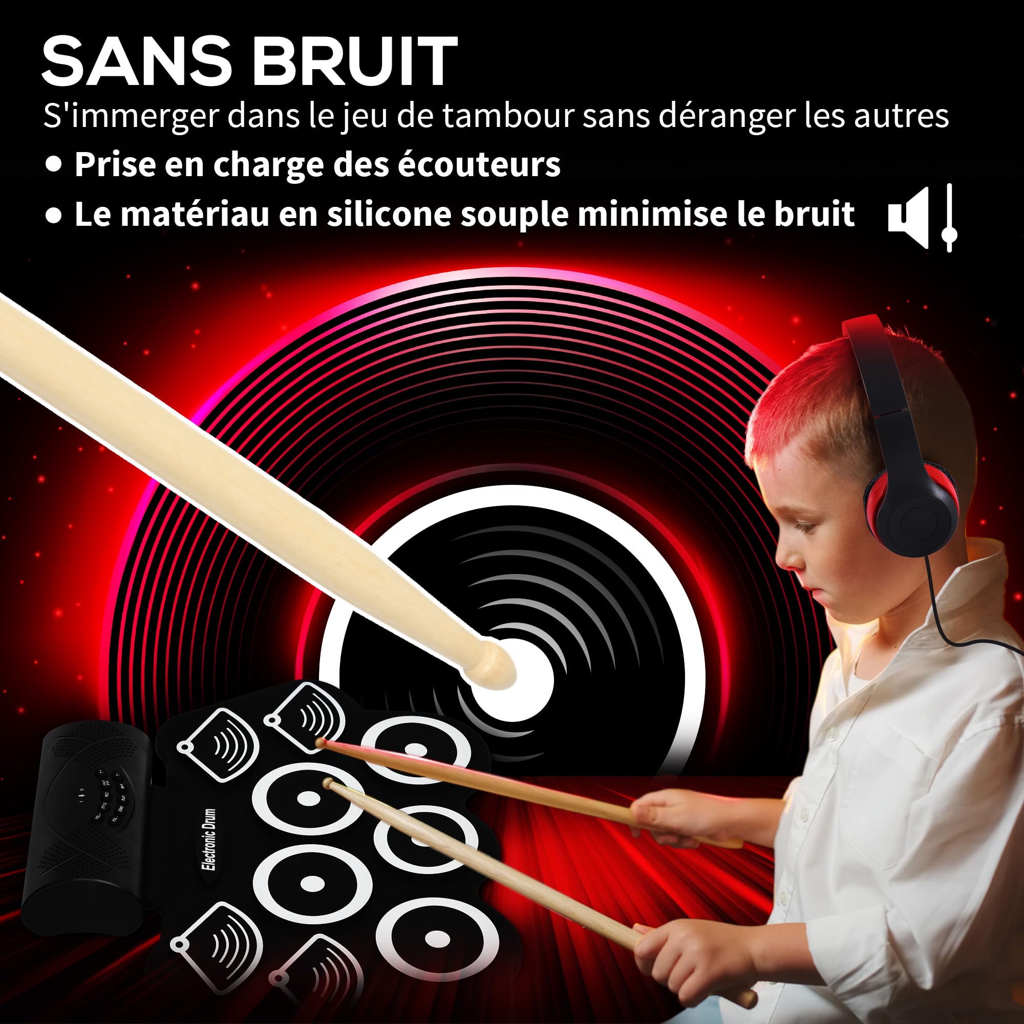 SPORTNOW Batterie électronique drum set, kit de batterie électrique, avec 9 pads, pédales et baguettes de tambour, deux haut-parleurs stéréo, pour enfants adultes débutants, silicone, blanc et noir