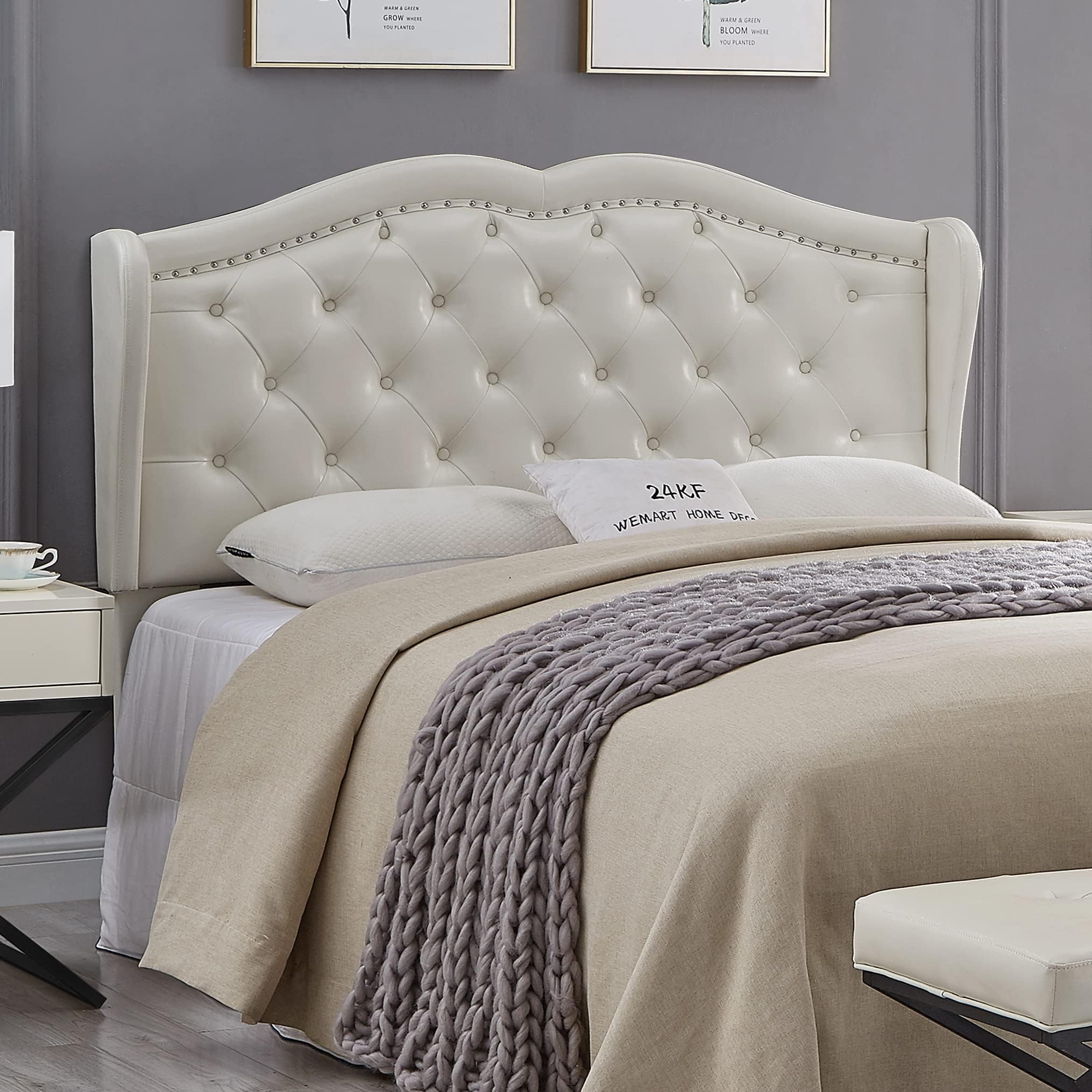 Photo 1 of 24KF Modern Wingback Upholstered Tufted Button Queen Size Full Size Headboard,Faux Leather Comfortable Fashional Padded Queen/Full Size headboard-60302-Q-White Queen/Full Wingback White Faux Leather