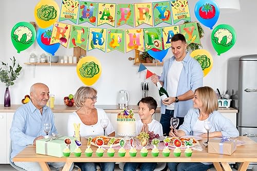Miniatura 7 de Decoraciones de fiesta de verduras para fiesta de cumpleaños, incluye pancarta de feliz cumpleaños de verduras, decoración de pasteles, globos para