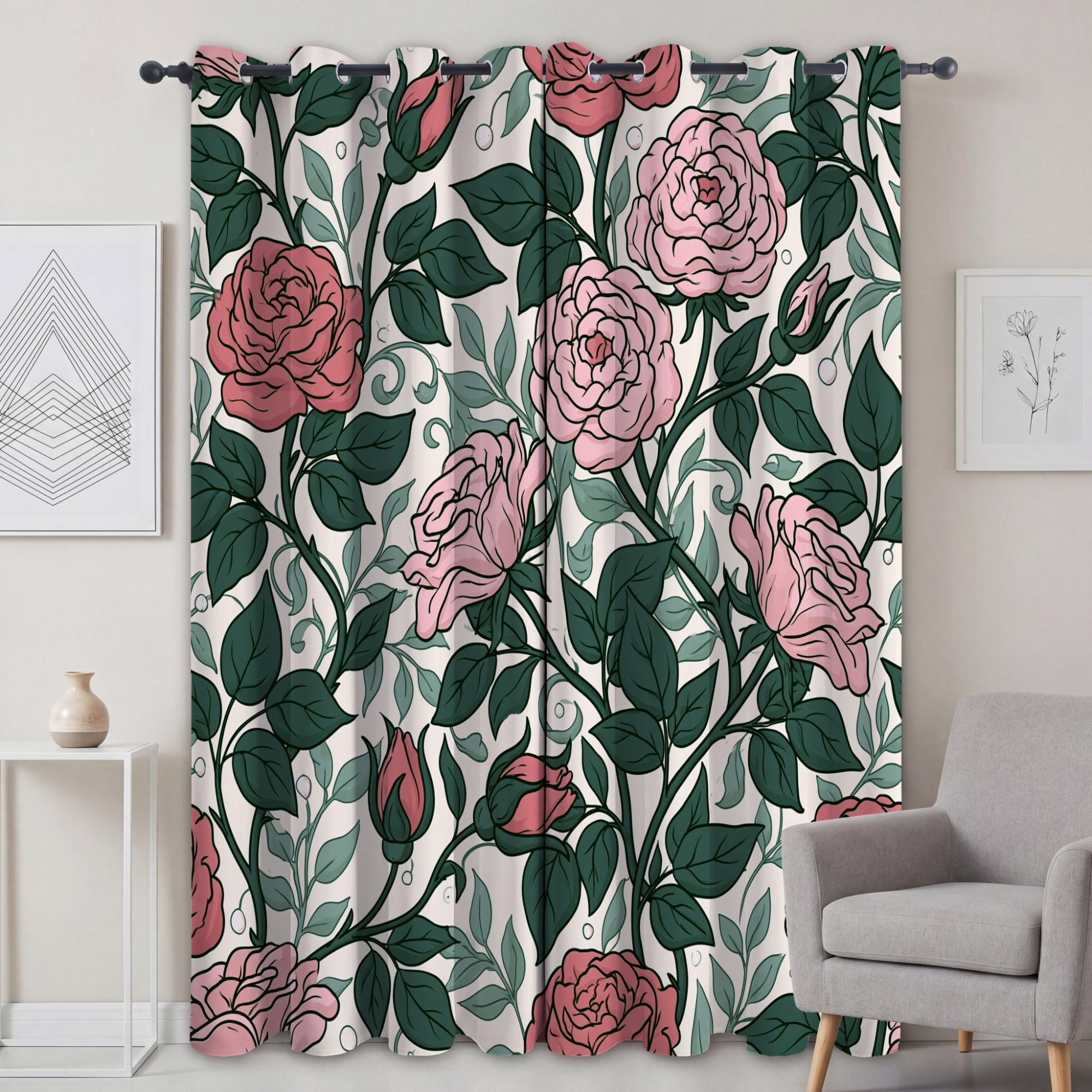 Cortinas opacas estampadas, 225 x 140 cm (alto x ancho x ancho), color rosa
