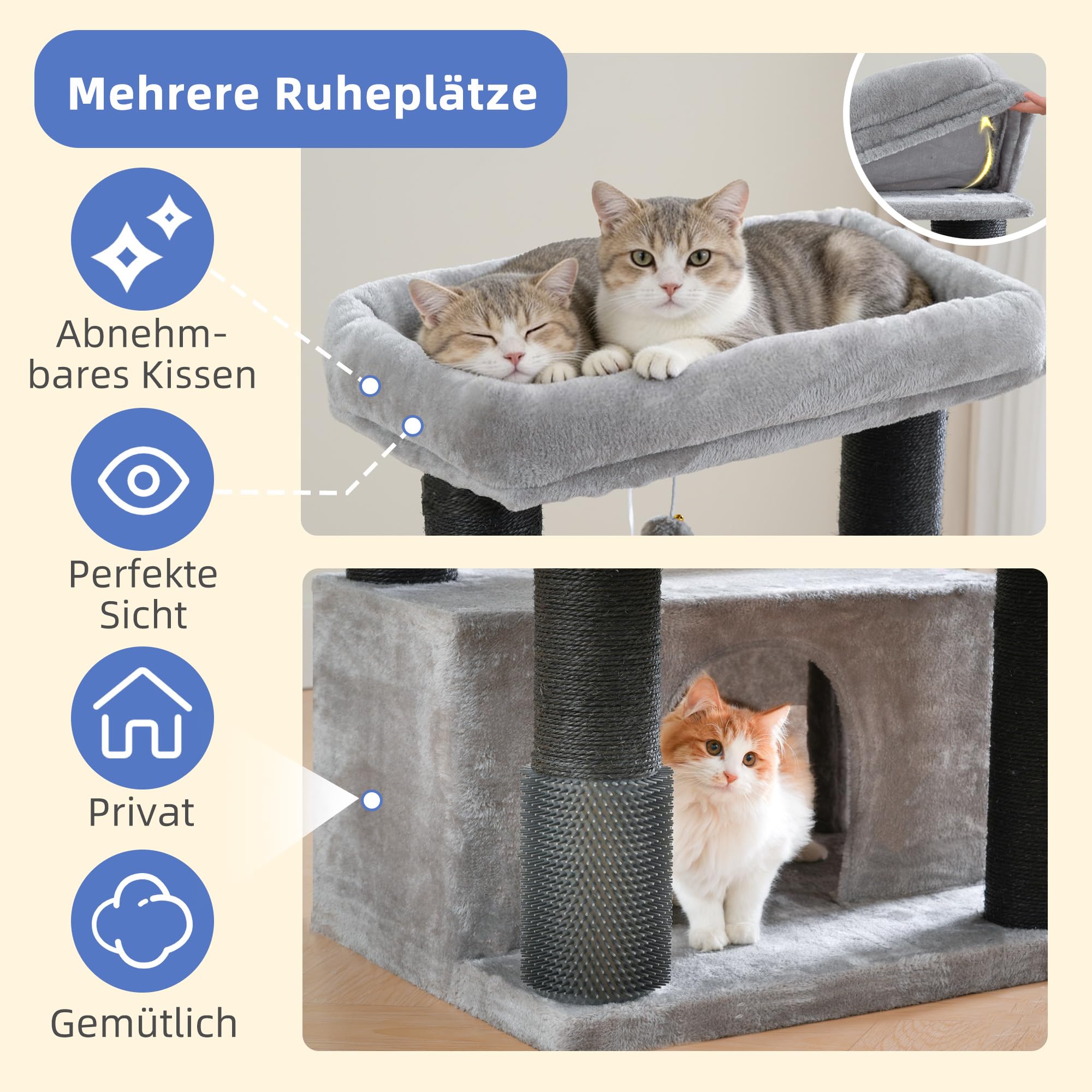 Hey-brother Kratzbaum, Stabil Katzenbaum für große Katzen und Maine Coons, mit 8 cm dicken Sisal-Kratzpfosten, Zwei Plattformen, Zwei Körben, großer Höhle und Fellpflegegerät, Hellgrau EMPJ02W