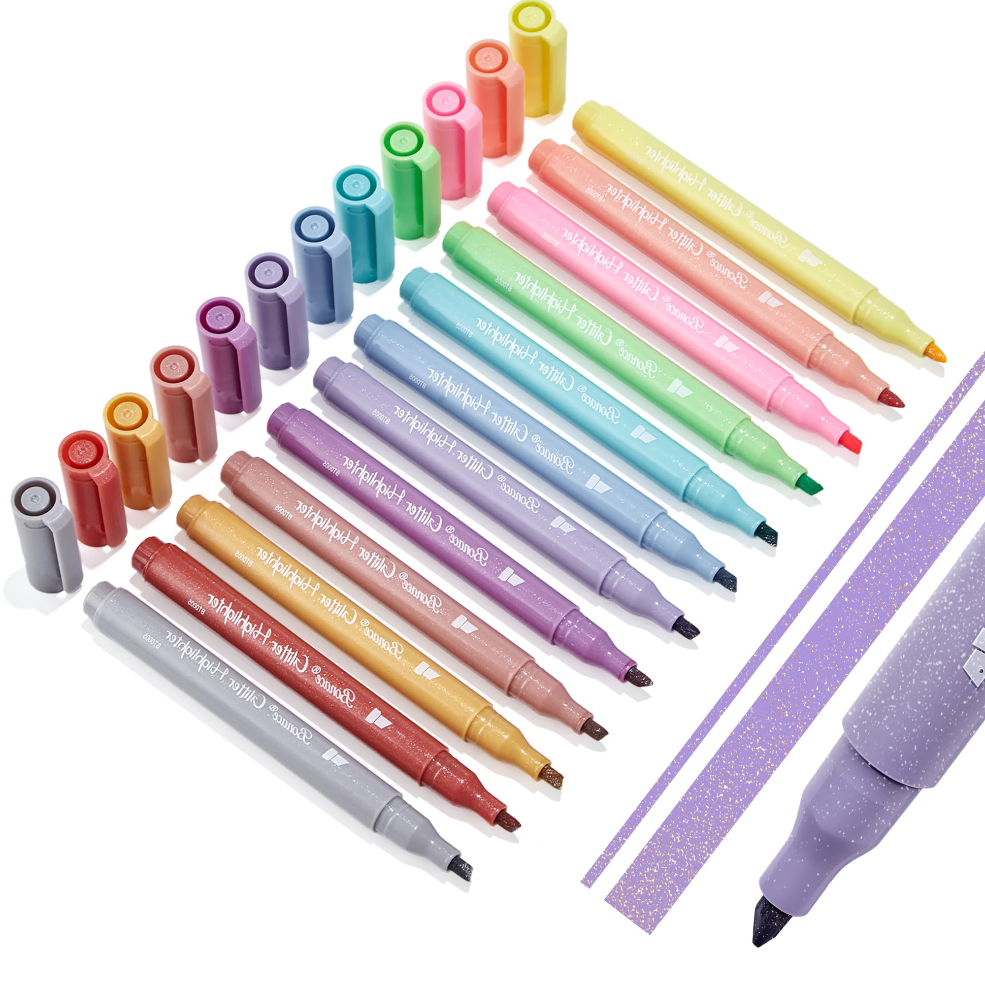 BONACE Silver Glitter Highlighters- Chisel Tip, No Bleed, Assorted Colors - 12 Pack Metallic Colors Cute Highlighter Markers, Pastel Bible Highlighters for Journaling and School Supplies for Girls