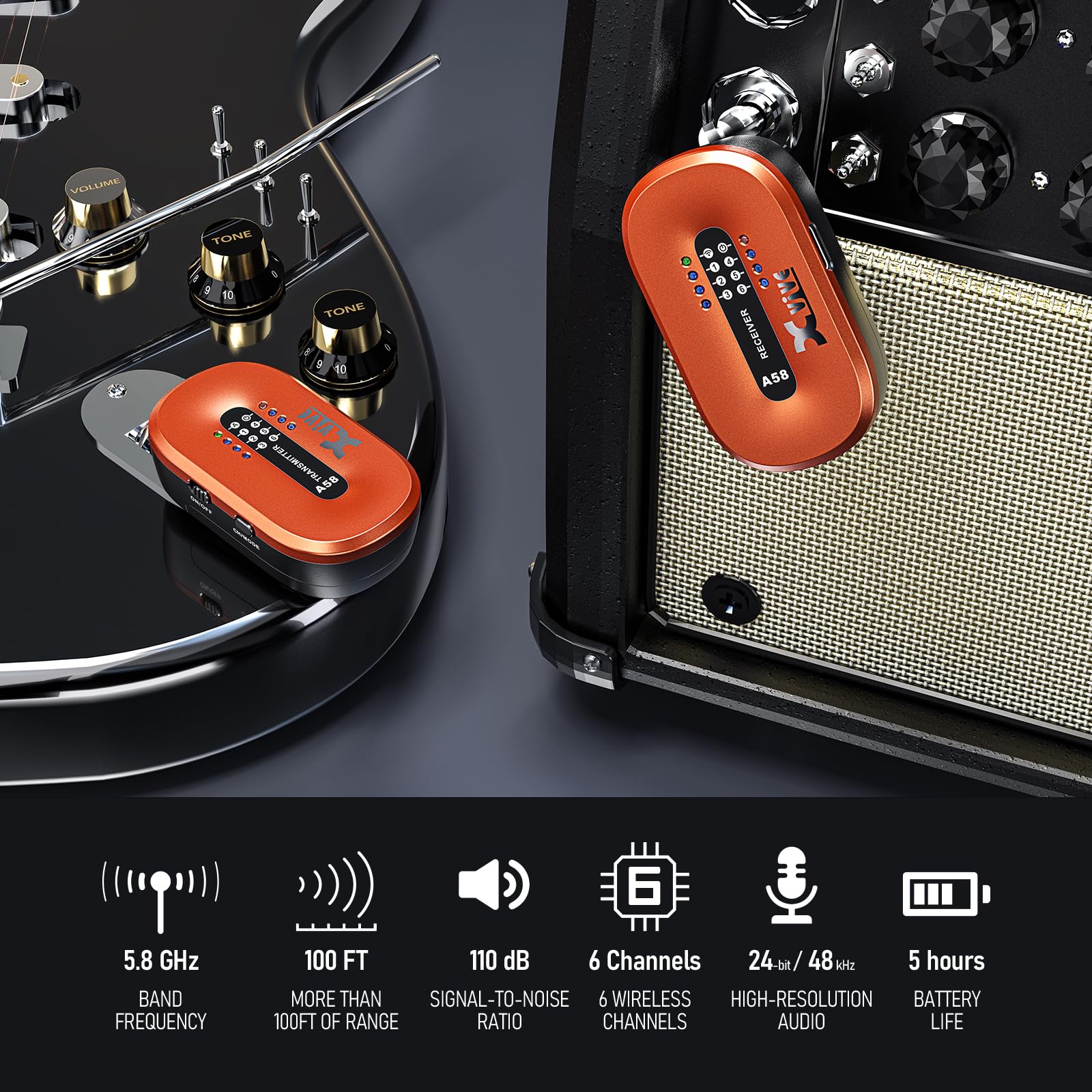 Xvive A58 - Sistema per chitarra wireless da 5,8 GHz, trasmettitore ricevitore per pickup attivo o passivo per basso elettrico/acustico, arancione