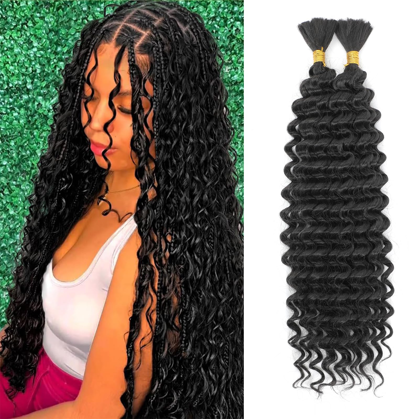 Deep Wave Bulk Hair for Braiding 18 Inch No Weft Deep Wave Bundles Curly Braiding Hair Extensions for Boho Braids 2 Braids per Pack 1B Color