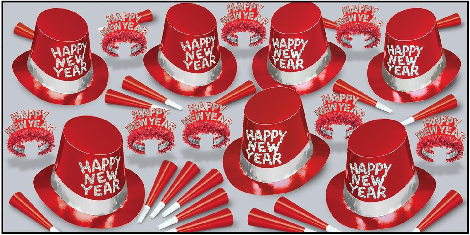 Beistle Simply Red Happy New Year's Eve Assortment for 50 People- NYE Party Favors and Accessories- Top Hats, Tiaras, Noisemaker Horns- Made in USA Since 1900