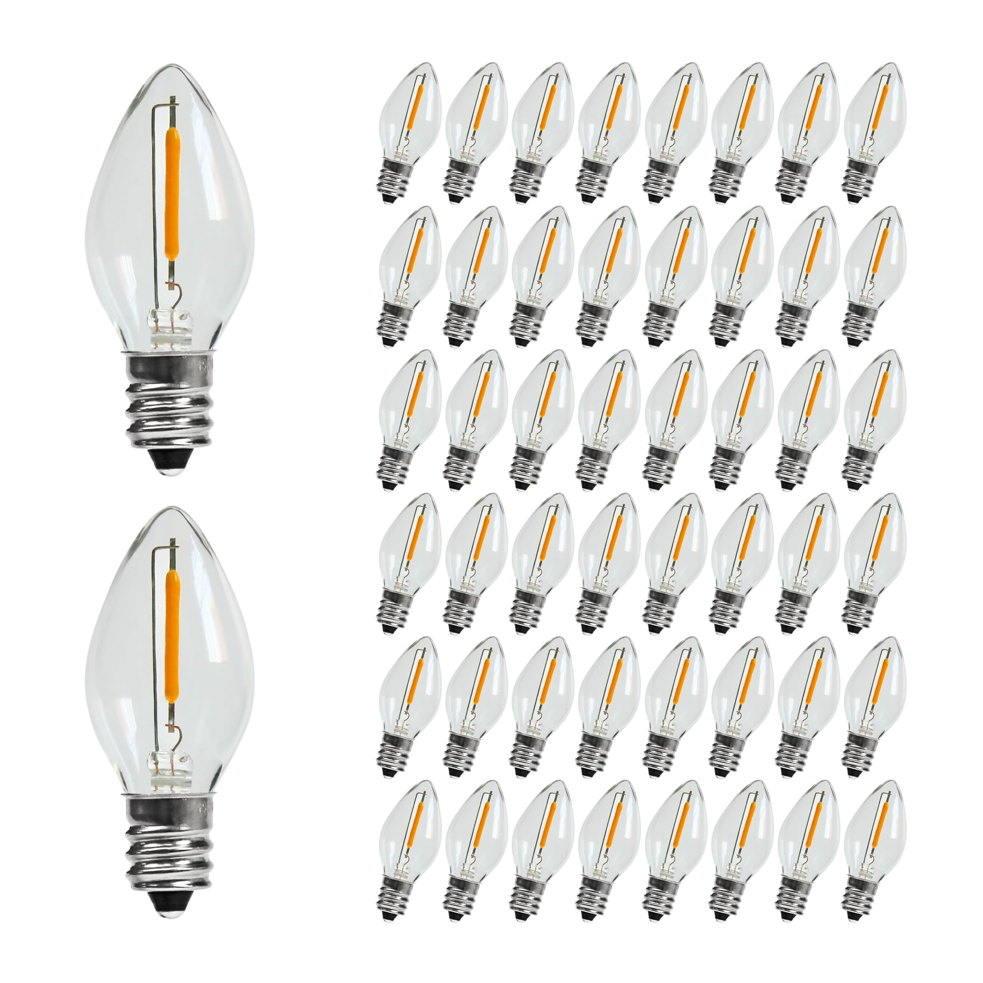 KGC 50Pack C7 Christmas Replacement LED Light Bulbs - 0.6W Equivalent to 7W, Warm White 2200K, Waterproof Clear Plastic Night Light Bulbs, C7 E12 Candelabra Base for Christmas String Light