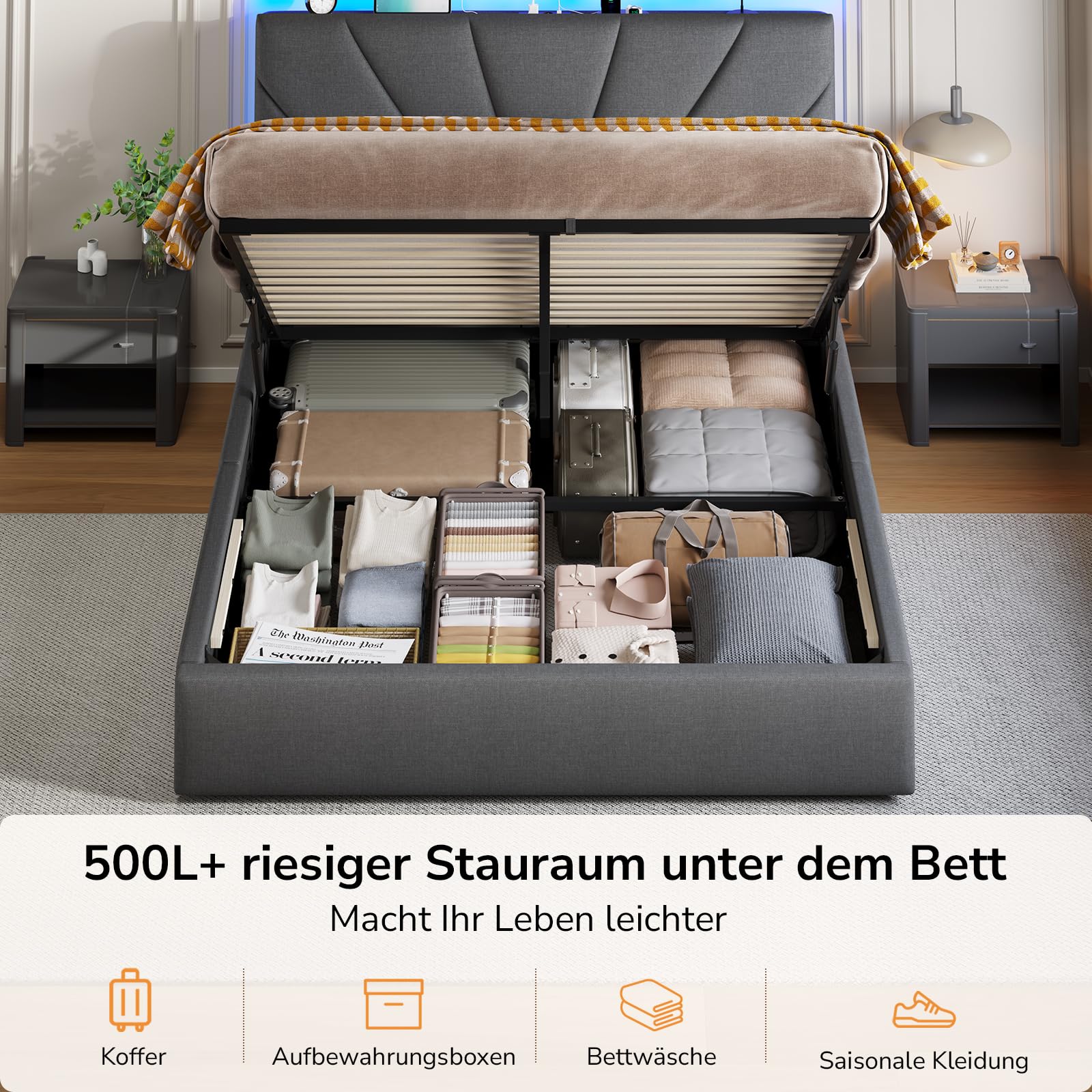 Polsterbett 180x200 mit 1000L Stauraum & Lattenrost | Lift-Up, 1000L Stauraum, LED, USB/AC, 3-Fach Kopfhöhe, 400kg Tragkraft, geräuschlos