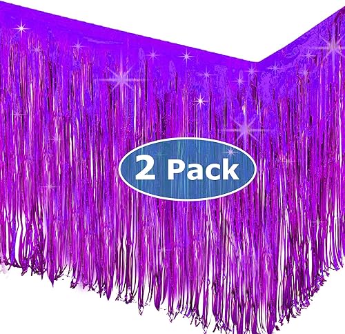 Miniatura 3 de Allgala Paquete de 2 faldas de mesa de oropel con flecos metálicos de 29 x 108 pulgadas para decoración de fiestas, eventos, morado-BD52808