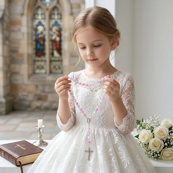 lokxmve Rosenkranz Kette Beads mit Kreuz Samt Geschenkbeutel Rosenkranz Katholisch Gebetskette Christlich Rosary Catholic für Mädchen Frauen RosenkranzKommunion Halskette für Taufe Kommunion Hochzeit - 2
