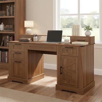 Spaco 59" Office Desk with Charging Station,Farmhouse Executive Desk with File Drawer,Monitor Stand and Keyboard Tray,Barn Door Design Computer Desk for Office,Study,Living Room. Brown