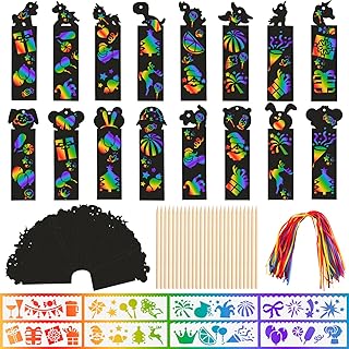 ETEYES 48Pcs Animal Scratch Bookmarks+24 Wooden Stylus+48 Colorful Ribbon+8 Surprise Party Templates, Magic Rainbow Scratch Art Bookmarks for Kids Students Party Favor, 20*19*2CM