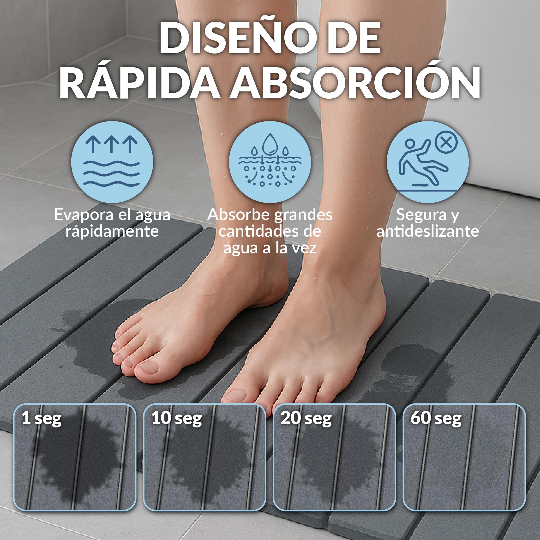 Alfombra de Baño Diatomita Secado Rápido Antideslizante 60x39 cm, Alfombrilla Piedra Absorbente para Ducha, Incluye Soporte para Jabón, Base de Silicona y Lija de Mantenimiento — view 6