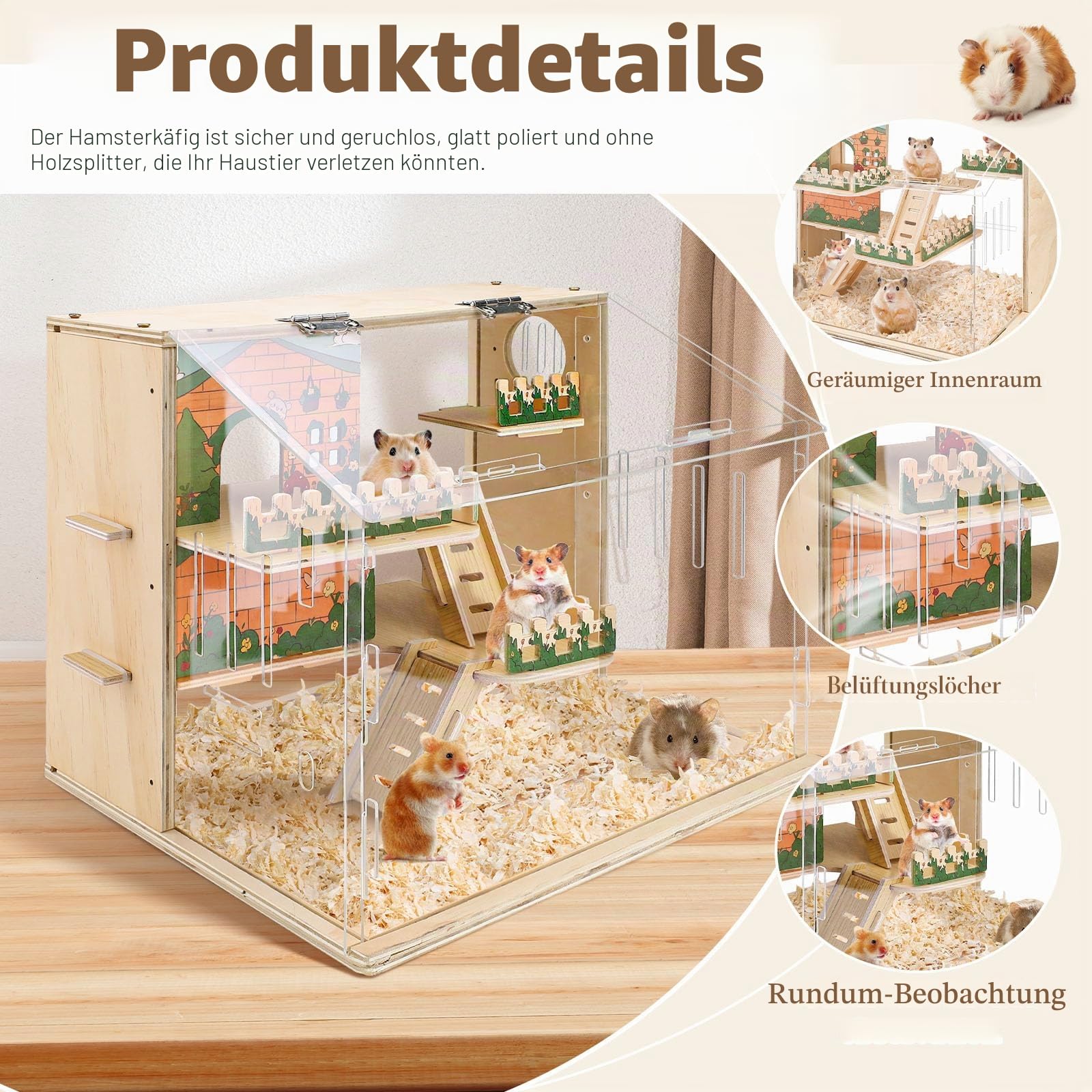 Holz Zwerghamster Lebensraum Groß Acryl Hamster Käfig Geräumiger Zwerg Rennmaus Käfig Premium Zwerghamster Lebensraum mit Ventilator (40x30x30cm)