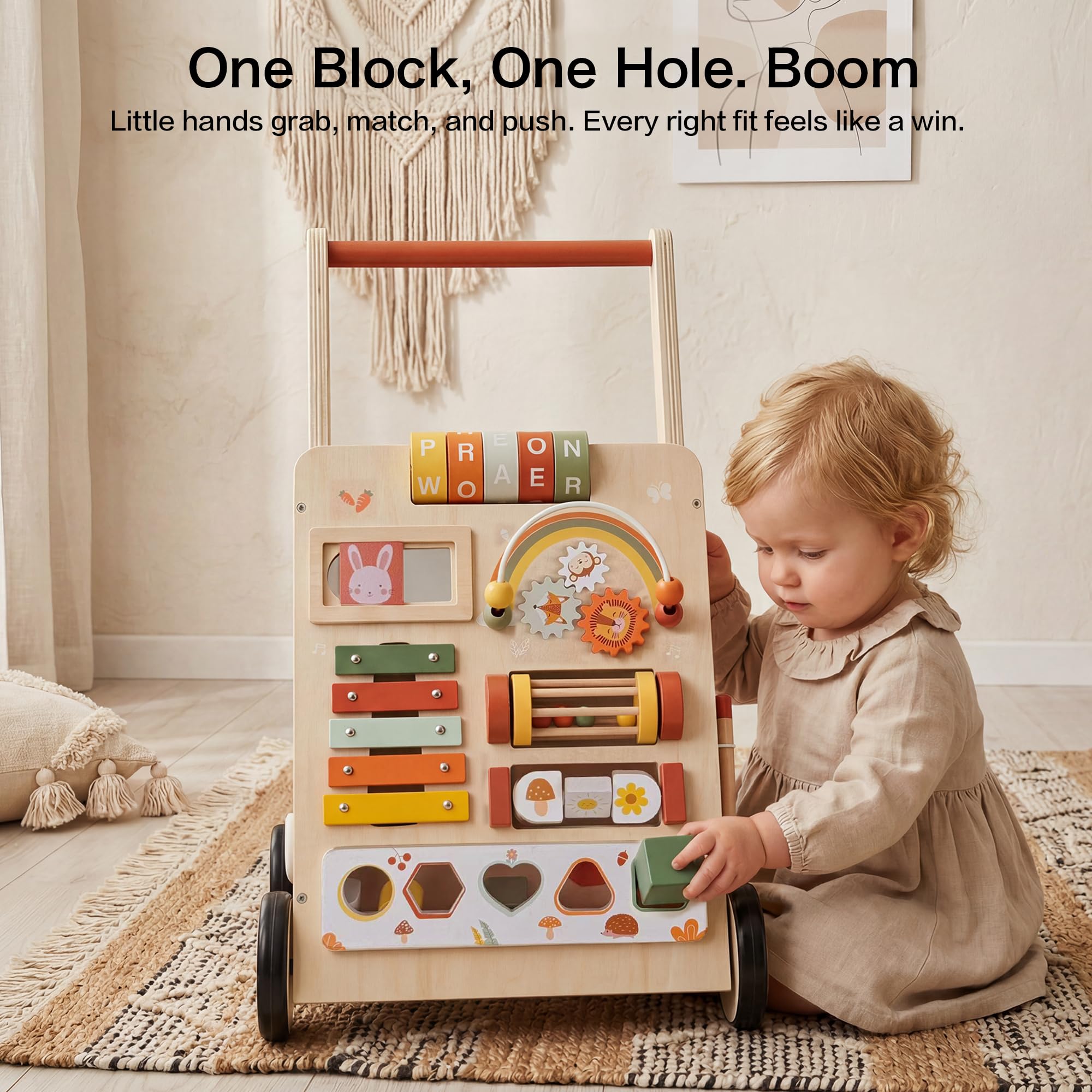 Baby Walker aus Holz mit Rädern, Baby Push Walker Activity Center für Babys ab 18 Monaten, Montessori Walking Spielzeug zum Laufen lernen, Kleinkind 1. Geburtstag Geschenk