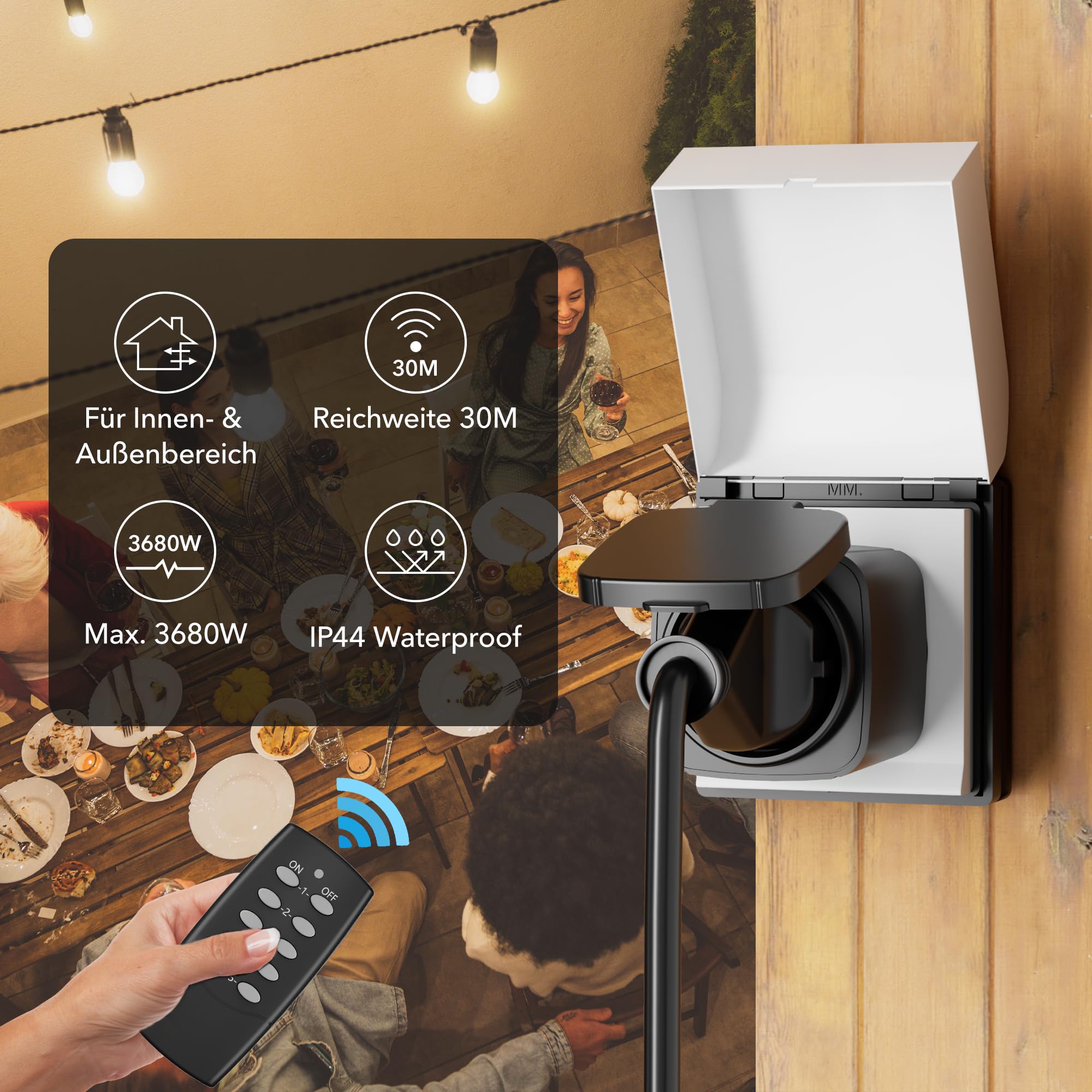 HBN Prises radio avec télécommande - Étanche IP44 - 5 prises + 2 télécommandes - 3600 W - Portée de 30 m - Pour jardin, terrasse, balcon et éclairage extérieur