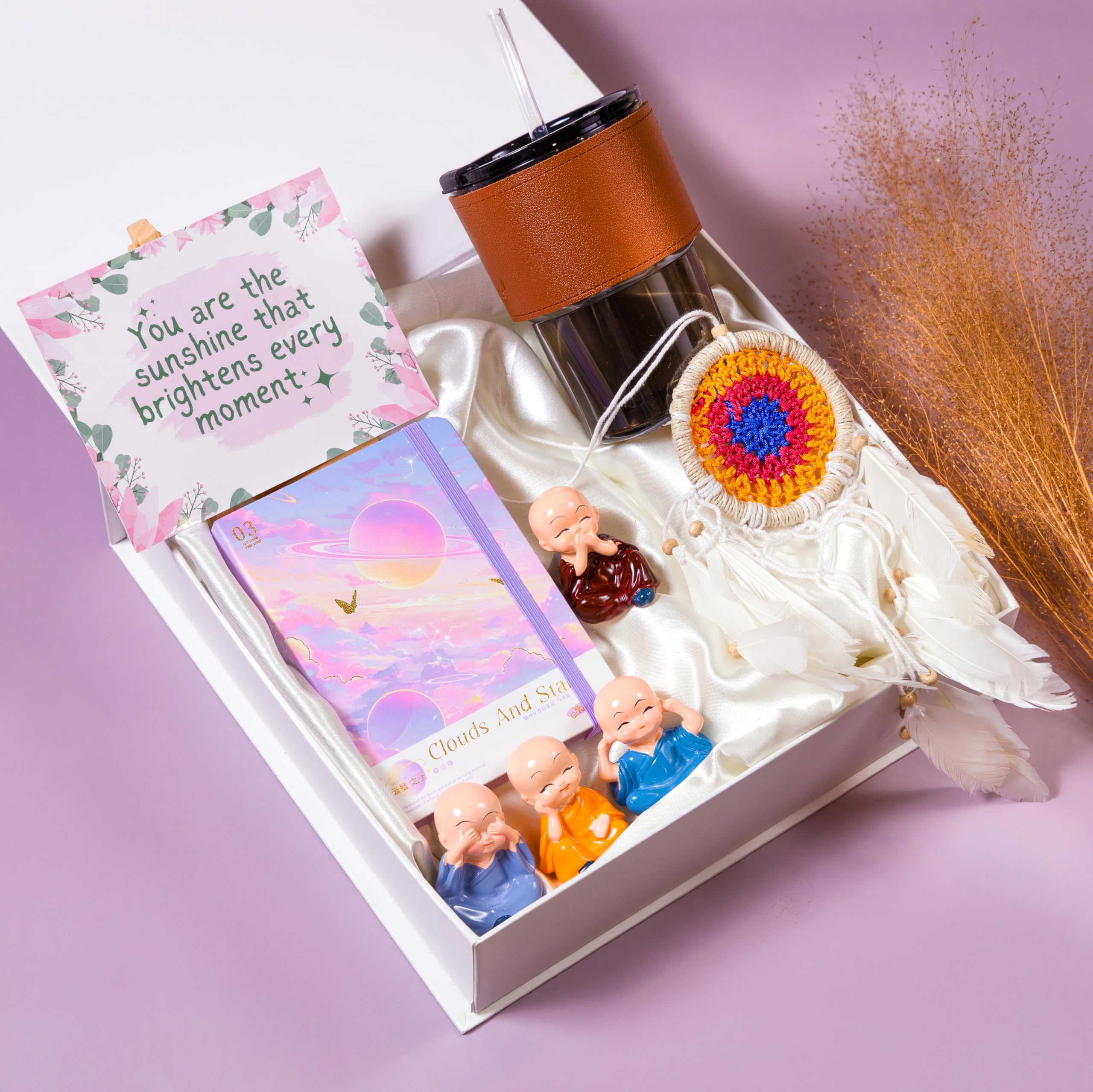 Rarejoy Unique and Stylish Birthday Gift set for Women, Coffee Sipper with leather handle + Dairy + 4 cute little Buddha Monks + Dreamcatcher + Canvas stand with Greeting | Gift for farewell, Sister