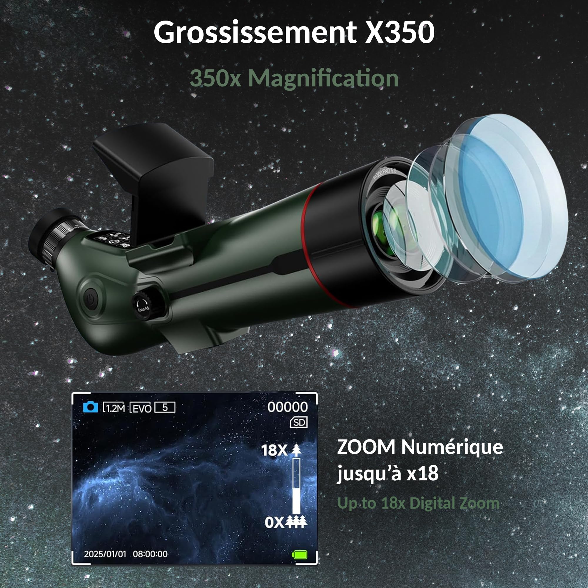 FISHTEC Monoculaire Numérique 4K - Télescope Longue Vue Grossissement x350 Zoom 18x Double Écran et Enregistrement Photo Vidéo 30MP - Rechargeable avec Trépied et Sac de Transport pour Nature et Ciel