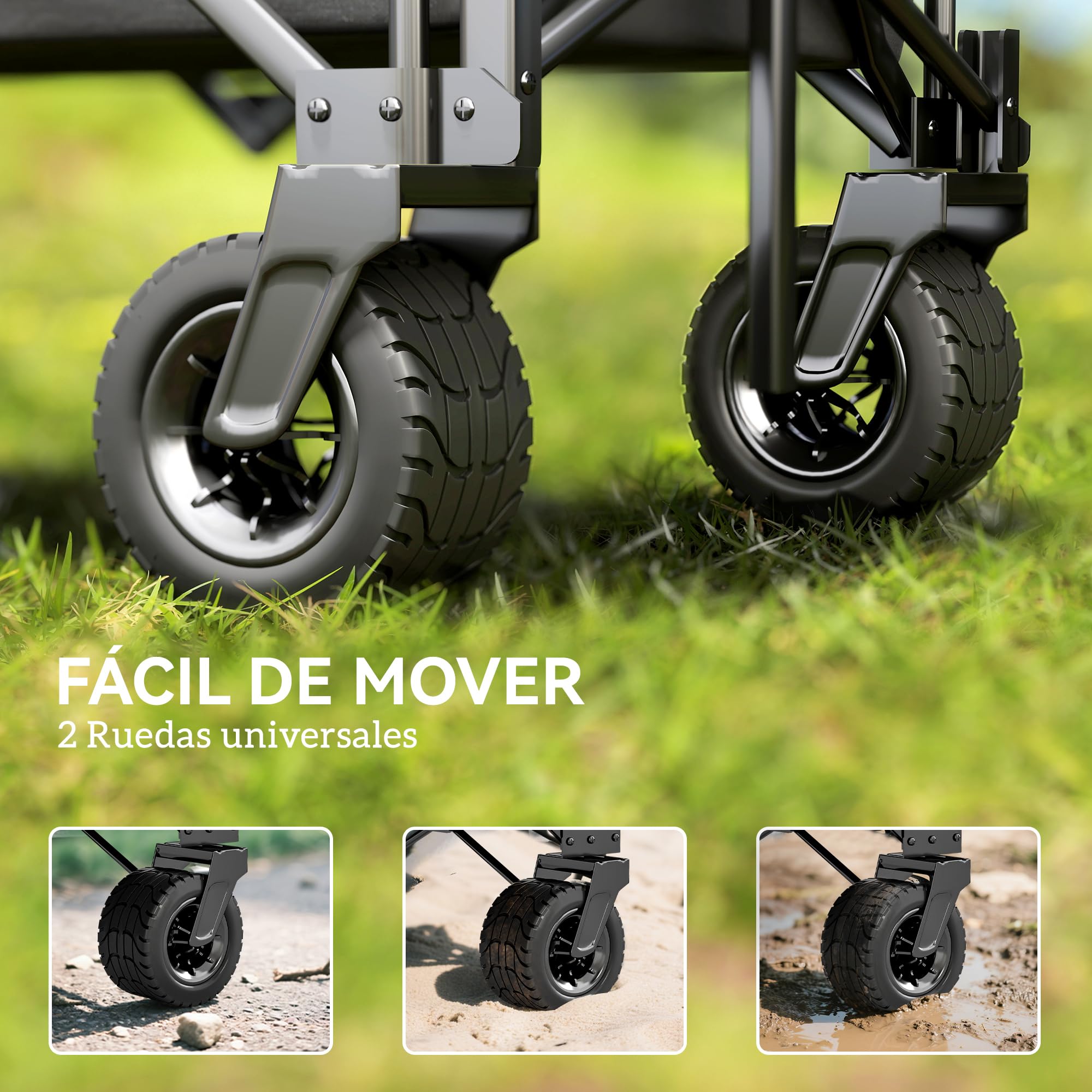 Outsunny Carro Playa Ruedas Grandes Carro de Jardín Plegable con Mango Ajustable Puerta Trasera Expandible Carga 100 kg Carrito Transporte para Todo Terreno Jardín Campaña Compra Negro
