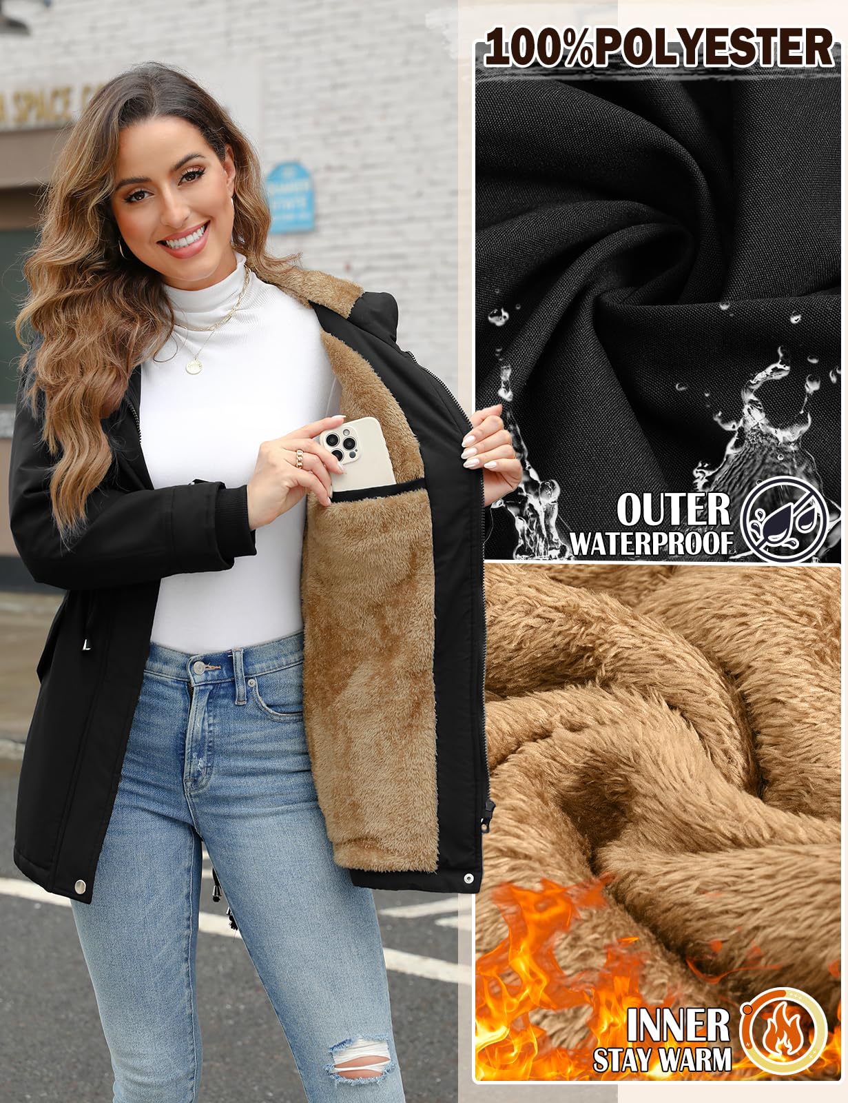 CMTOP Cappotto Donna Invernale con Cappuccio Foderati Giacca Antivento in Pile Termici Elegante Giubbotto Lungo Spessa Parka Cappotto Imbottito Casual con Tasche e Coulisse