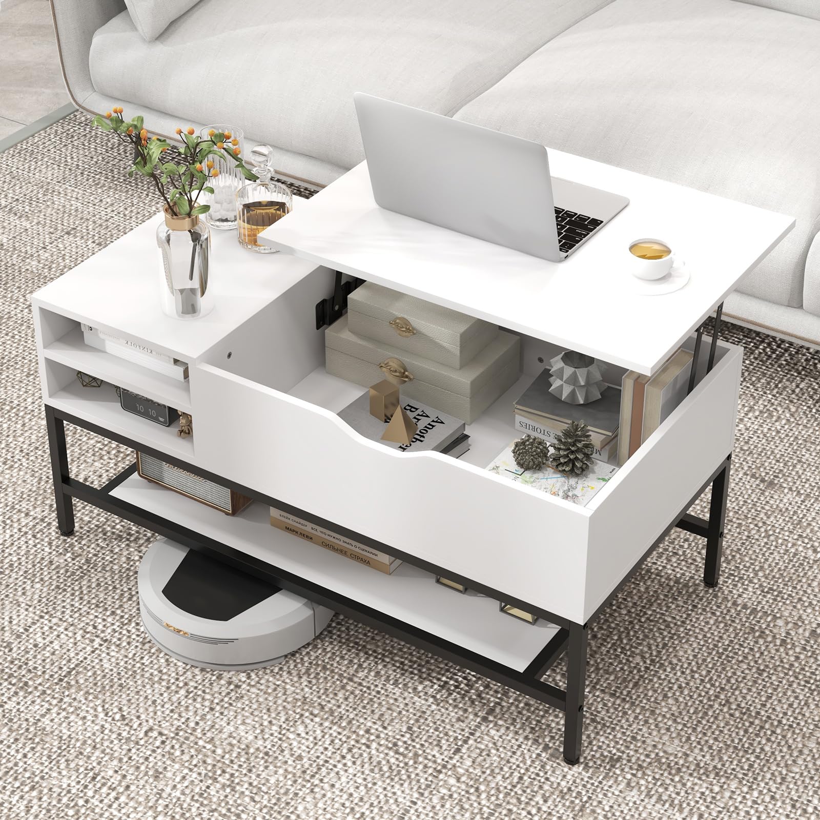 GOPLUS Mesa de Centro Elevable Con Compartimento Oculto y Estante de Almacenamiento Abierto, Moderna Rectangular para Salón Oficina, 100 x 49,5 x 47,5 cm (Blanco)